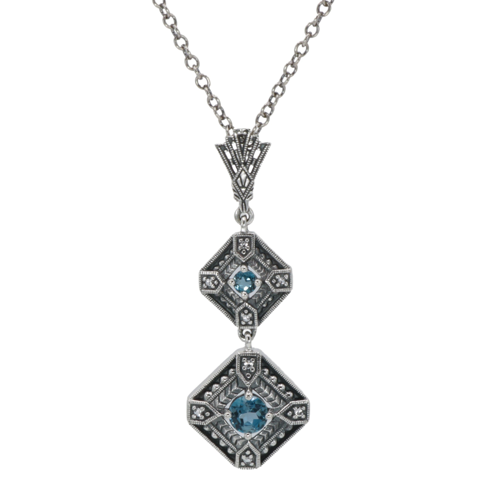 Art Deco style, Blue Topaz, London Blue Topaz, sterling silver necklaces, front view