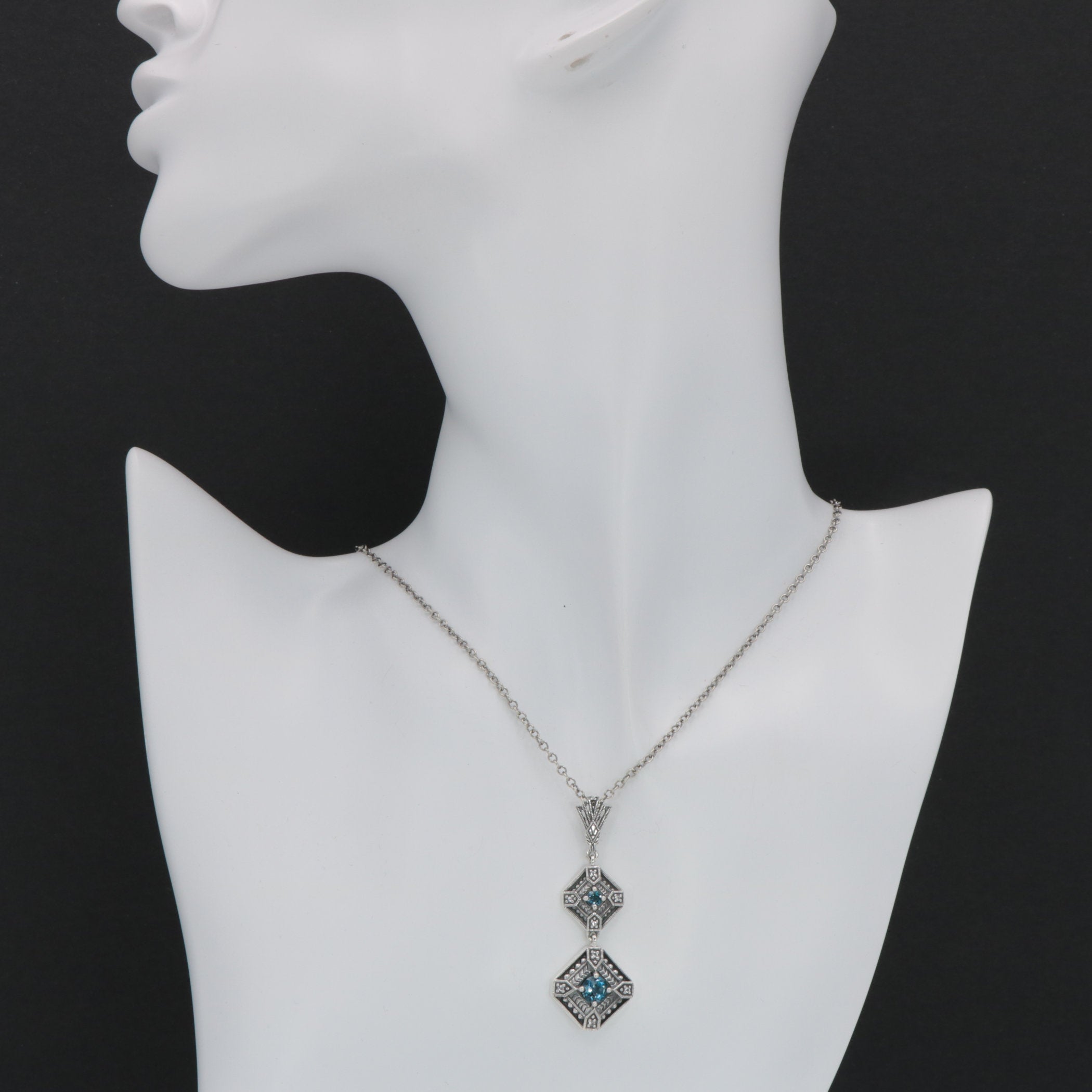 Detail view of Art Deco Style Genuine London Blue Topaz and Filigree Necklace highlighting Blue Topaz, London Blue Topaz