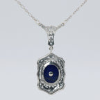 Back view of Art Deco Style Blue Lapis Lazuli and Diamond Pendant and Chain showing 925 sterling silver hallmark and spring r