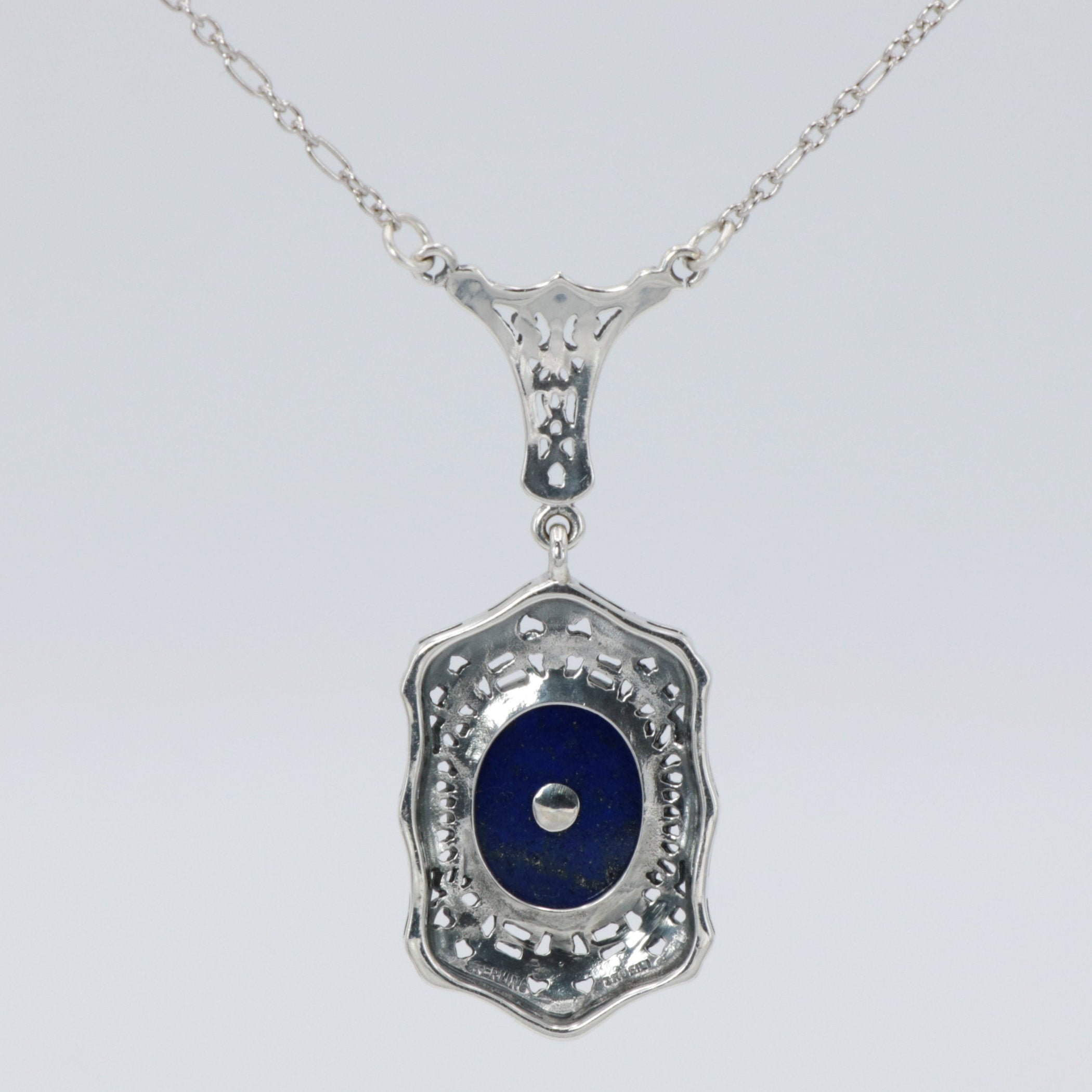 Back view of Art Deco Style Blue Lapis Lazuli and Diamond Pendant and Chain showing 925 sterling silver hallmark and spring r