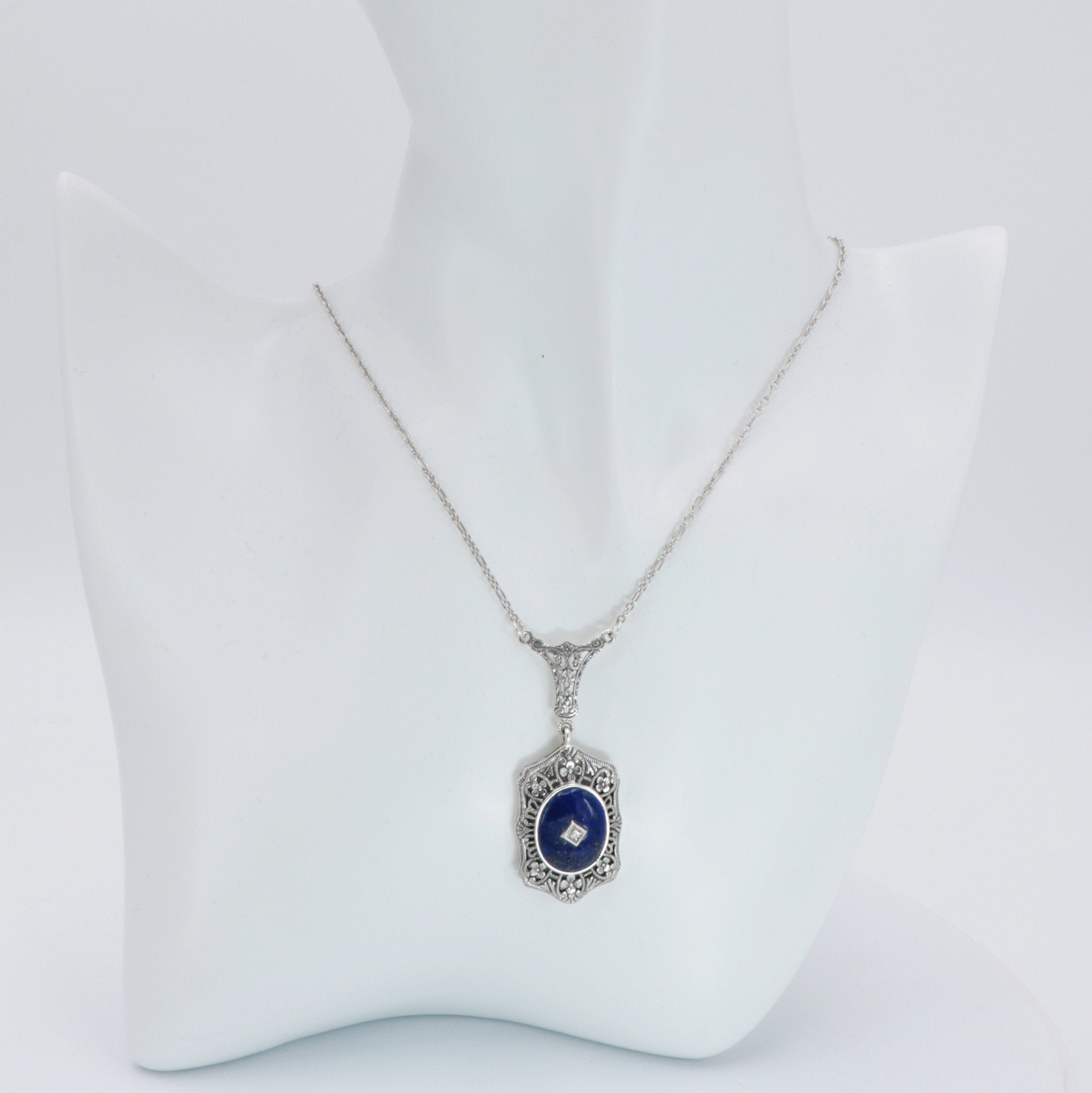 Detail view of Art Deco Style Blue Lapis Lazuli and Diamond Pendant and Chain highlighting Diamond, Lapis