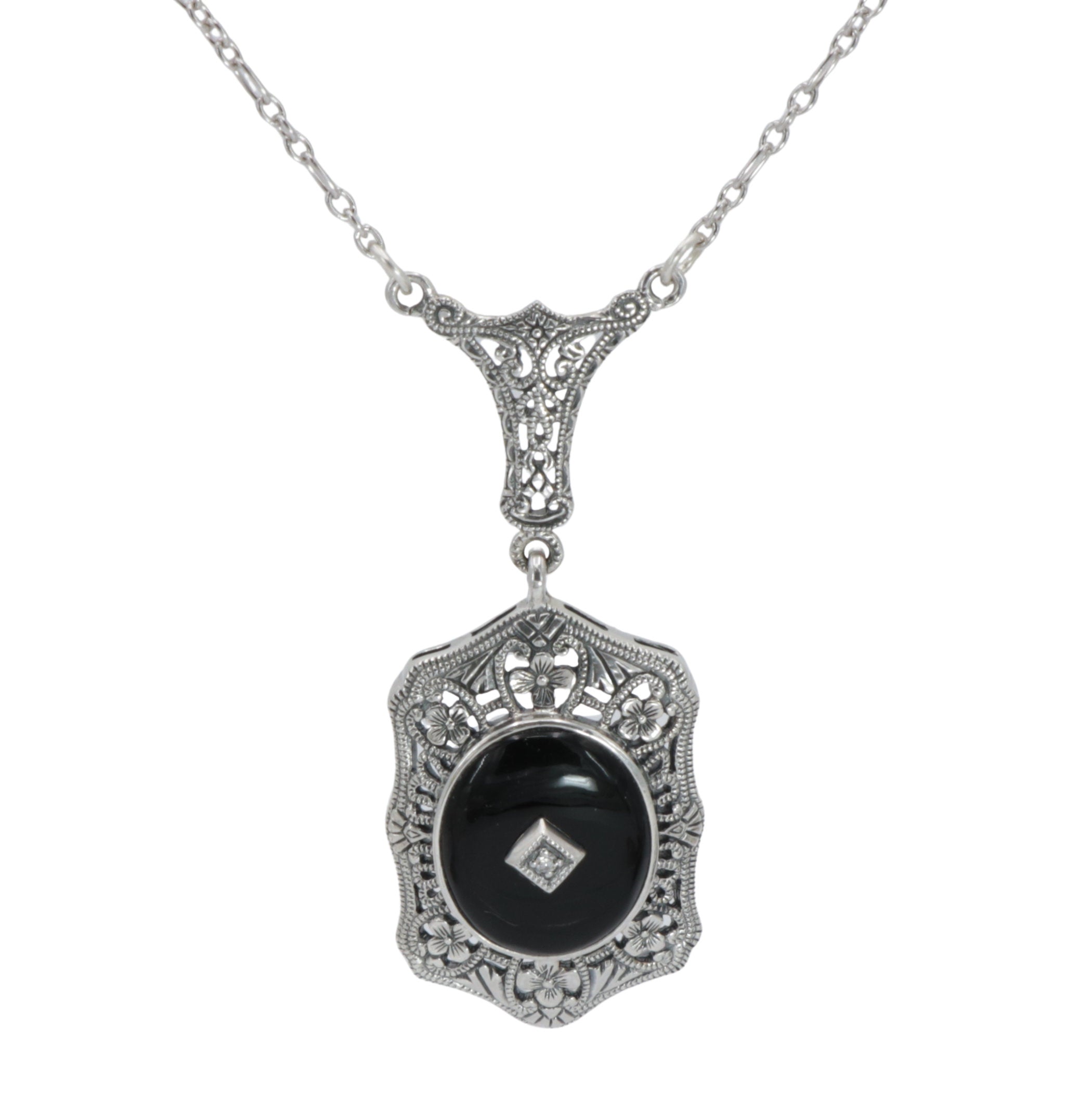 Art Deco style, Diamond, Black Onyx, sterling silver pendants, front view
