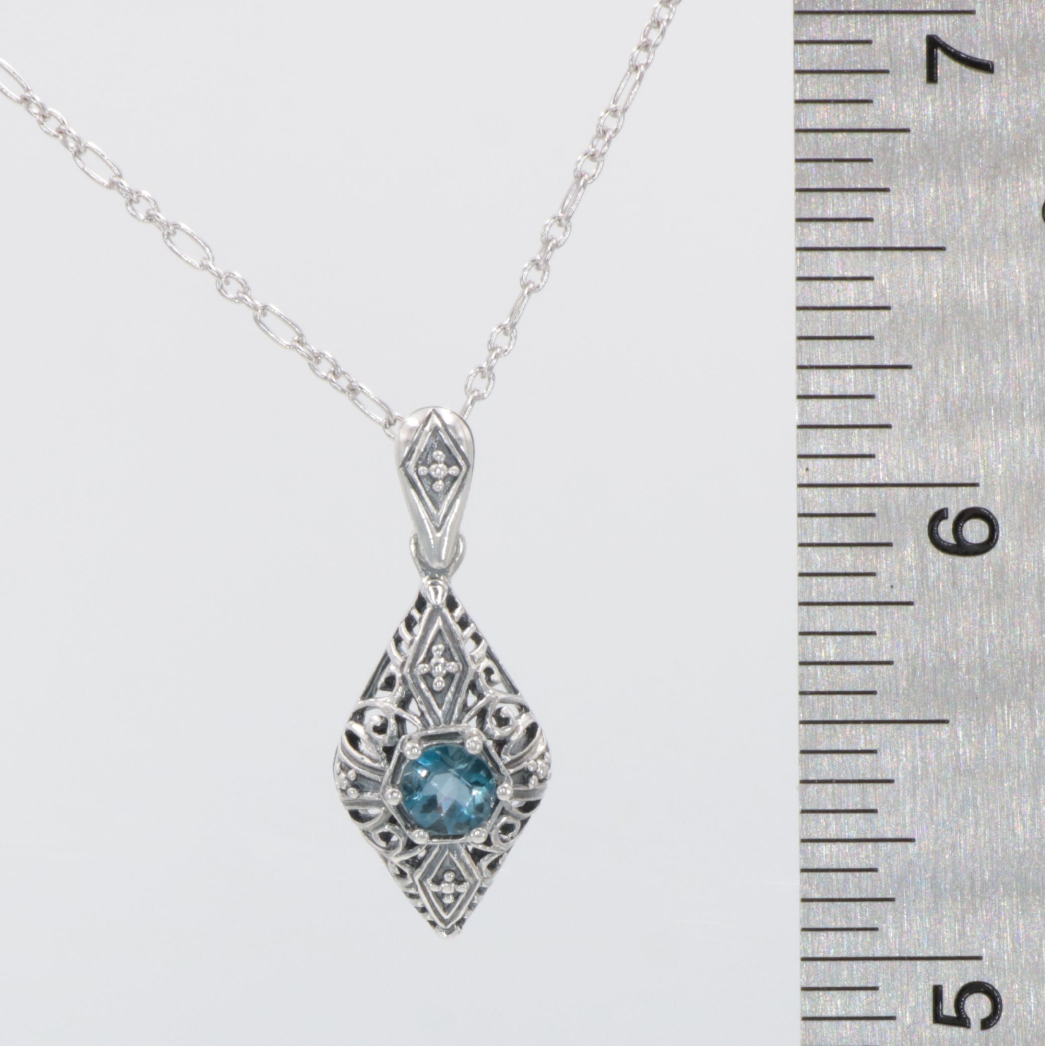 Detail view of Art Deco Style London Blue Topaz Filigree Pendant with Chain highlighting Blue Topaz, London Blue Topaz