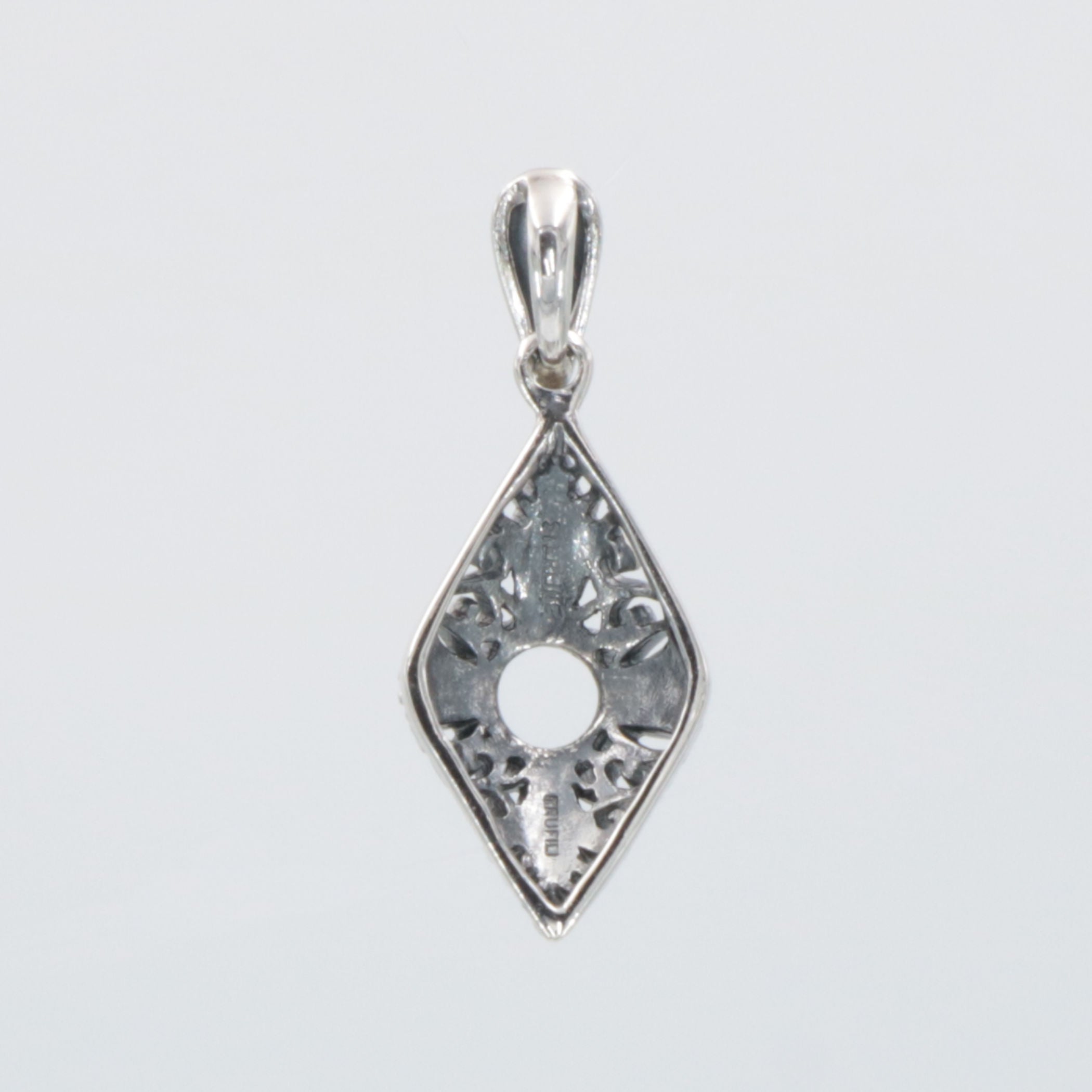 Back view of Classic Art Deco Style Sterling Silver 5mm Semi Mount Filigree Pendant showing 925 sterling silver hallmark and 