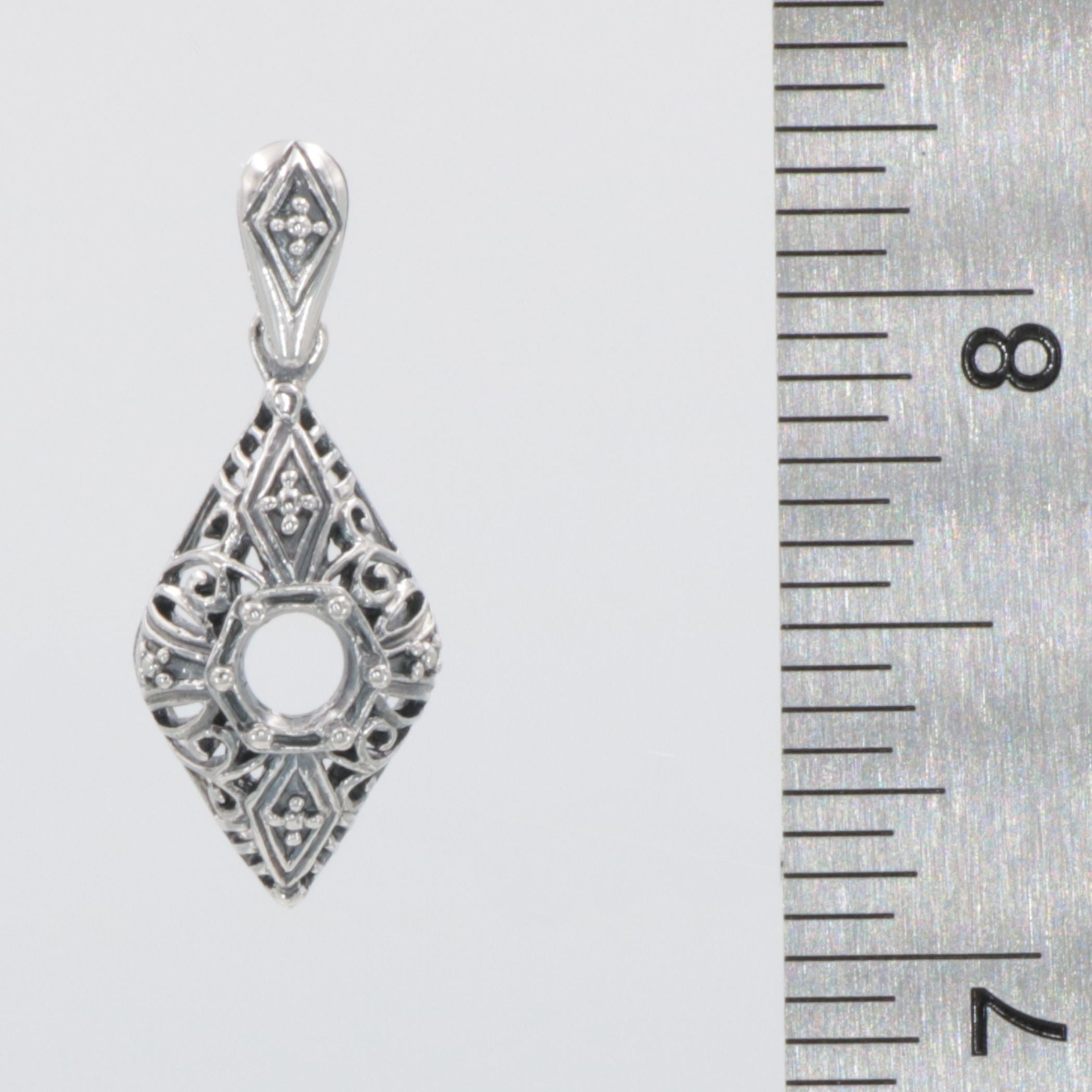 Detail view of Classic Art Deco Style Sterling Silver 5mm Semi Mount Filigree Pendant highlighting design details