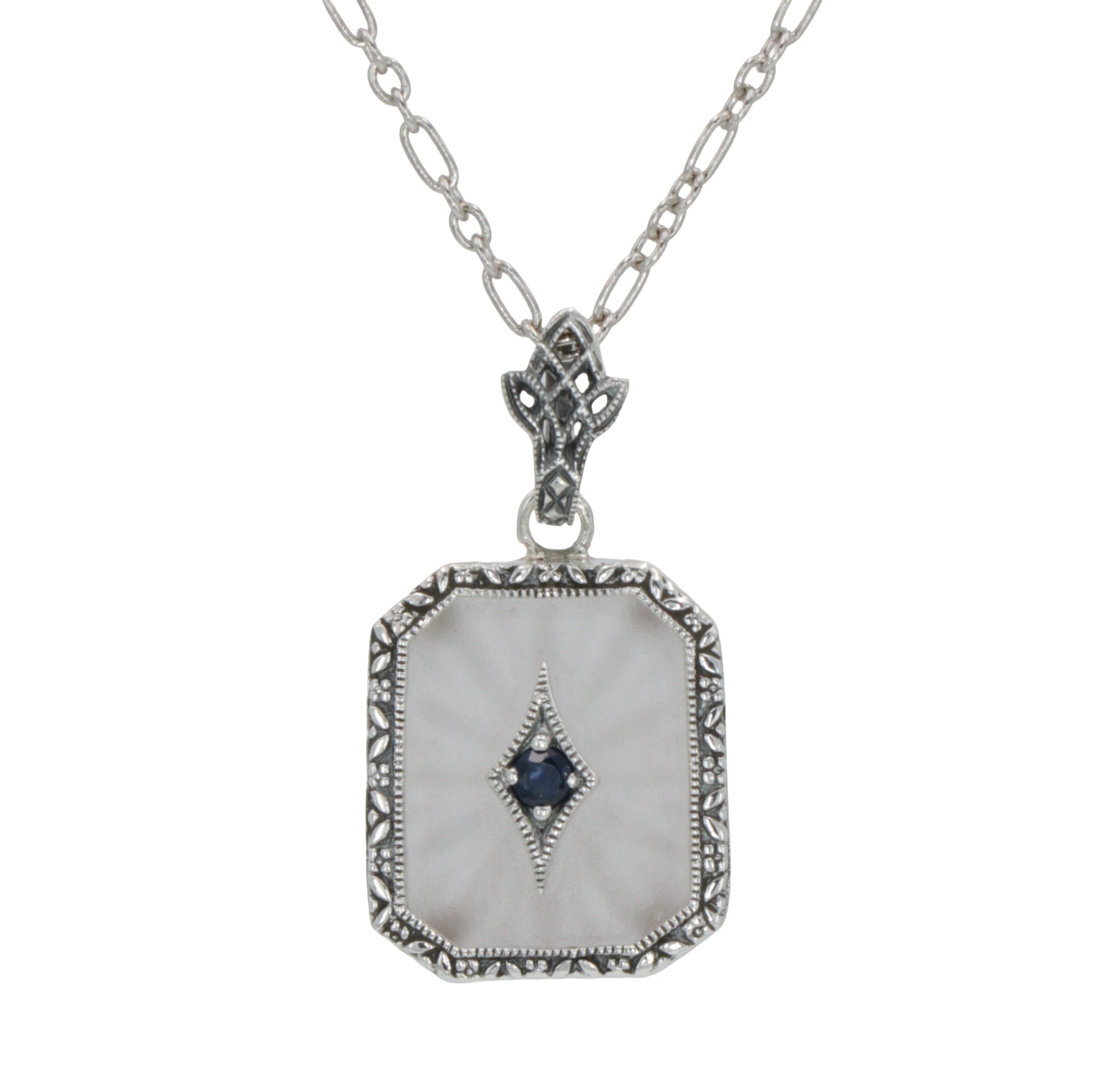 Antique style, Sapphire, Camphor Glass, sterling silver pendants, front view