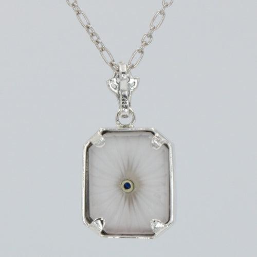 Back view of Antique Style Camphor Glass Pendant with Blue Sapphire Center Sterling Silver showing 925 sterling silver hallma