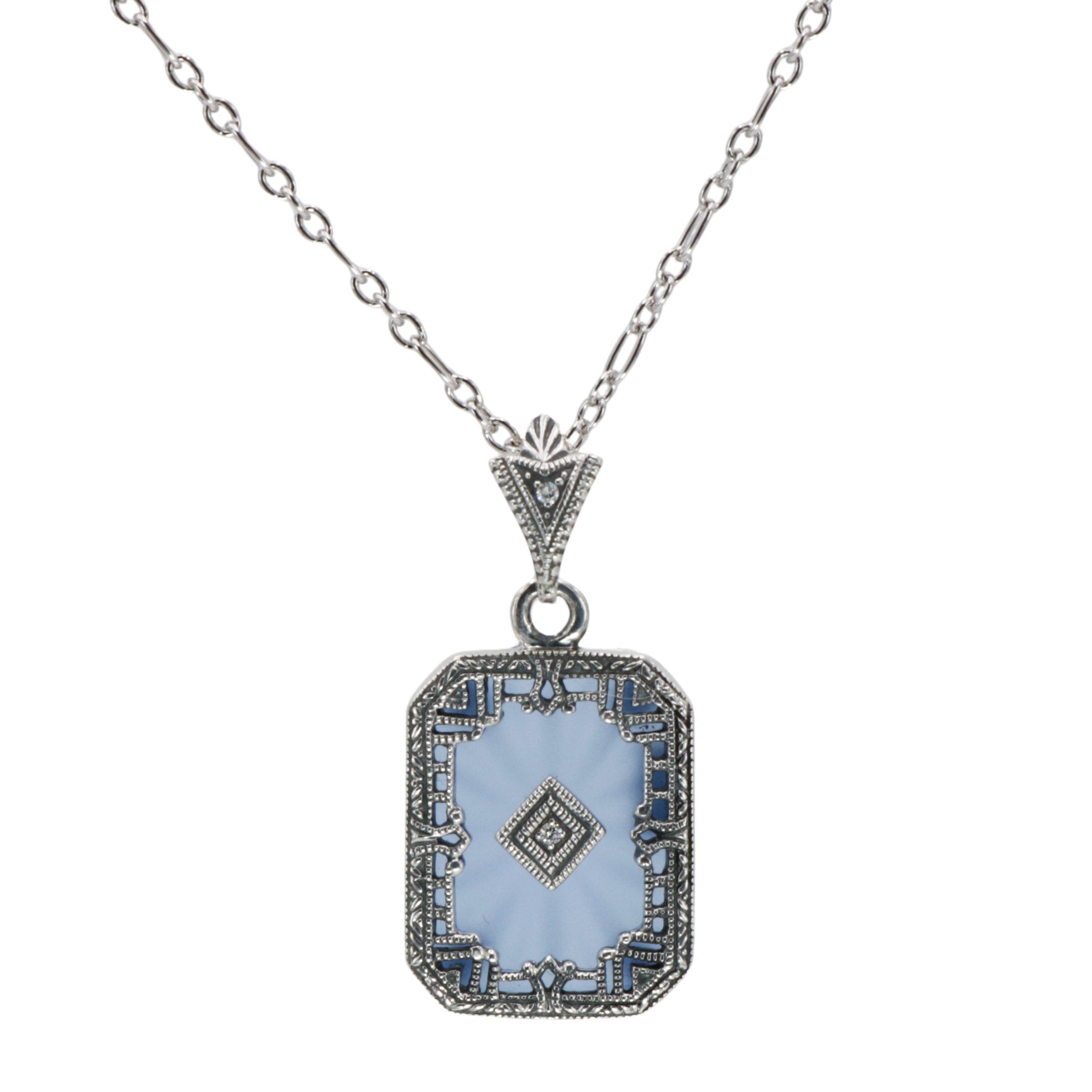 Art Deco style, Diamond, Crystal, sterling silver pendants, front view