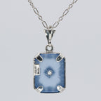 Back view of Art Deco Style Filigree Pendant Blue Pressed Glass Crystal Diamond Accents Sterling Silver showing 925 sterling 