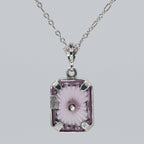 Back view of Art Deco Style Filigree Pendant Pink Pressed Glass Crystal Diamond Accents Sterling Silver showing 925 sterling 
