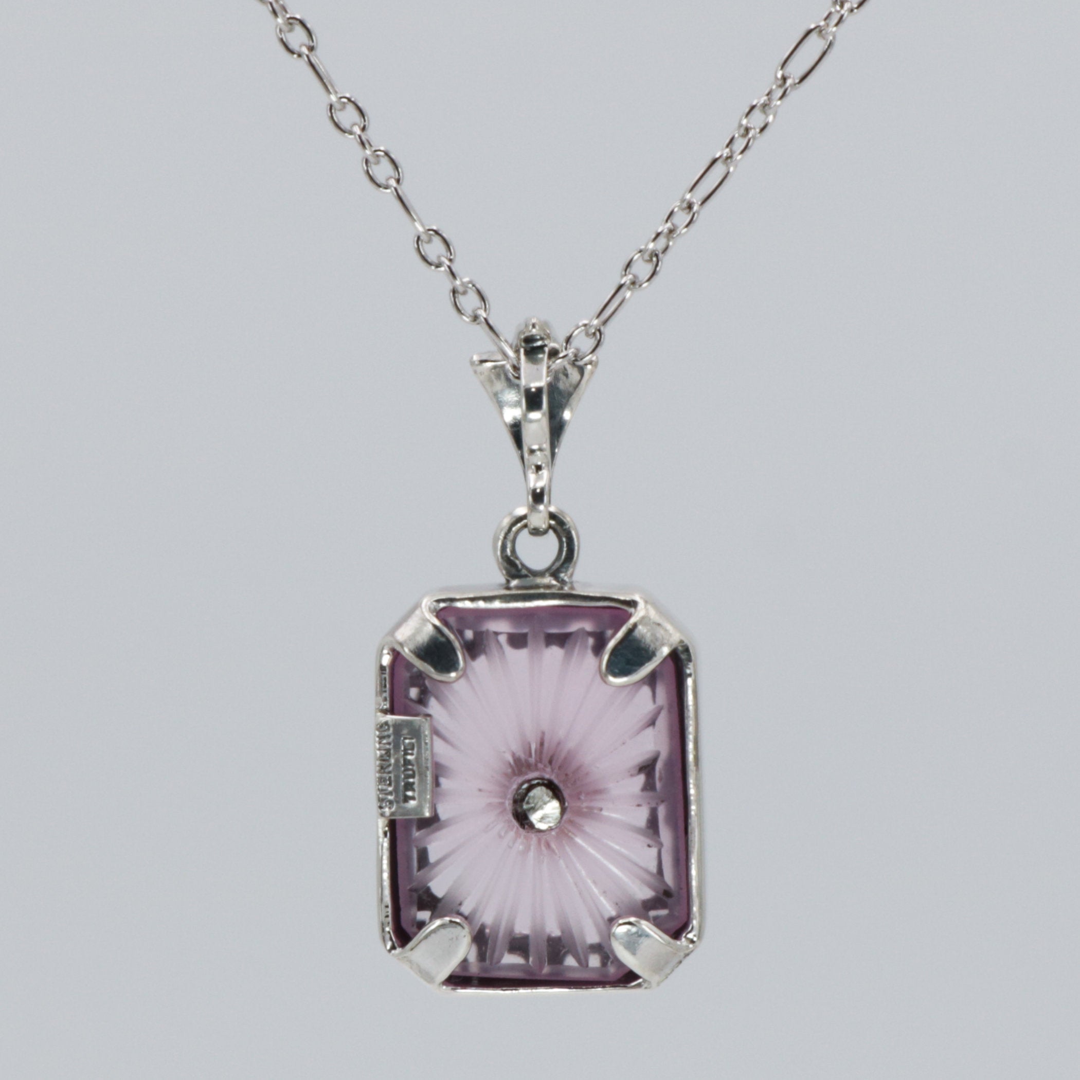 Back view of Art Deco Style Filigree Pendant Pink Pressed Glass Crystal Diamond Accents Sterling Silver showing 925 sterling 