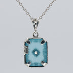 Back view of Art Deco Style Filigree Pendant Teal Pressed Glass Crystal Diamond Accents Sterling Silver showing 925 sterling 