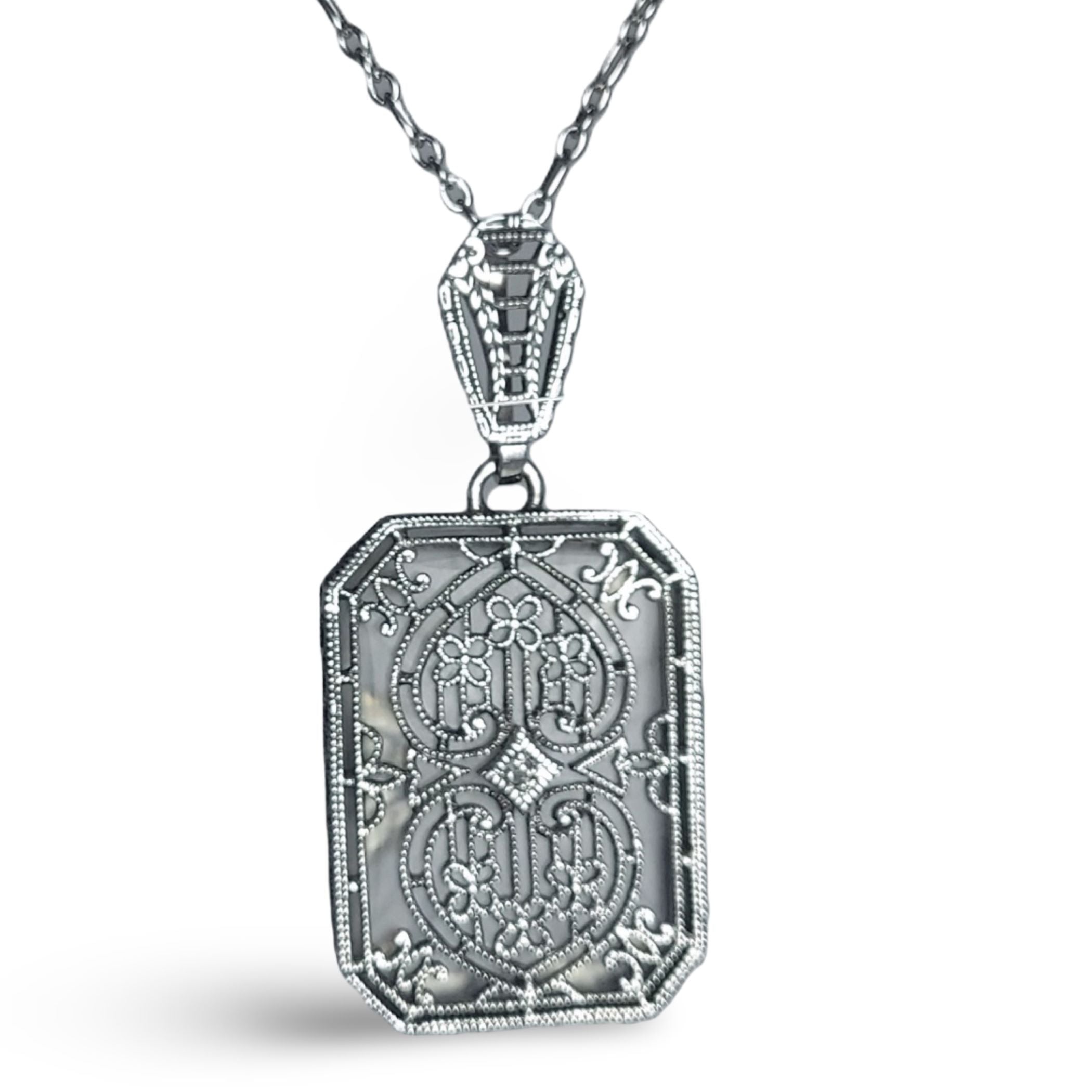 Victorian style, Diamond, Camphor Glass, sterling silver pendants, front view