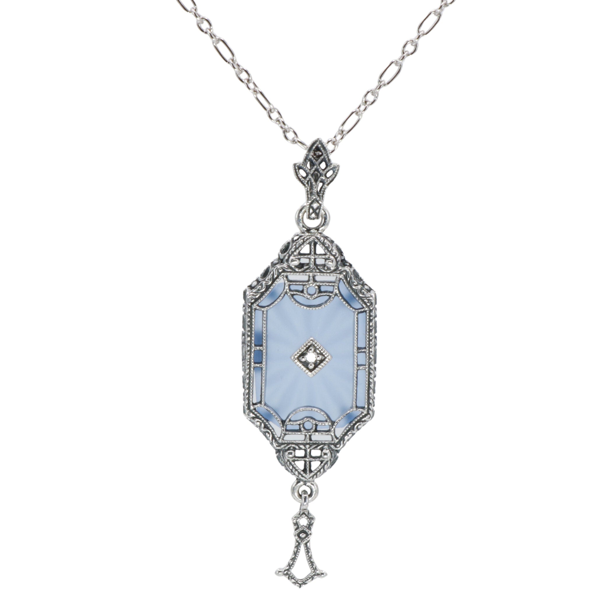 Art Deco style, Diamond, Crystal, sterling silver pendants, front view