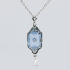 Back view of Art Deco Style Blue Sunray Crystal Dangle Filigree Pendant Diamond Accent Sterling Silver showing 925 sterling s