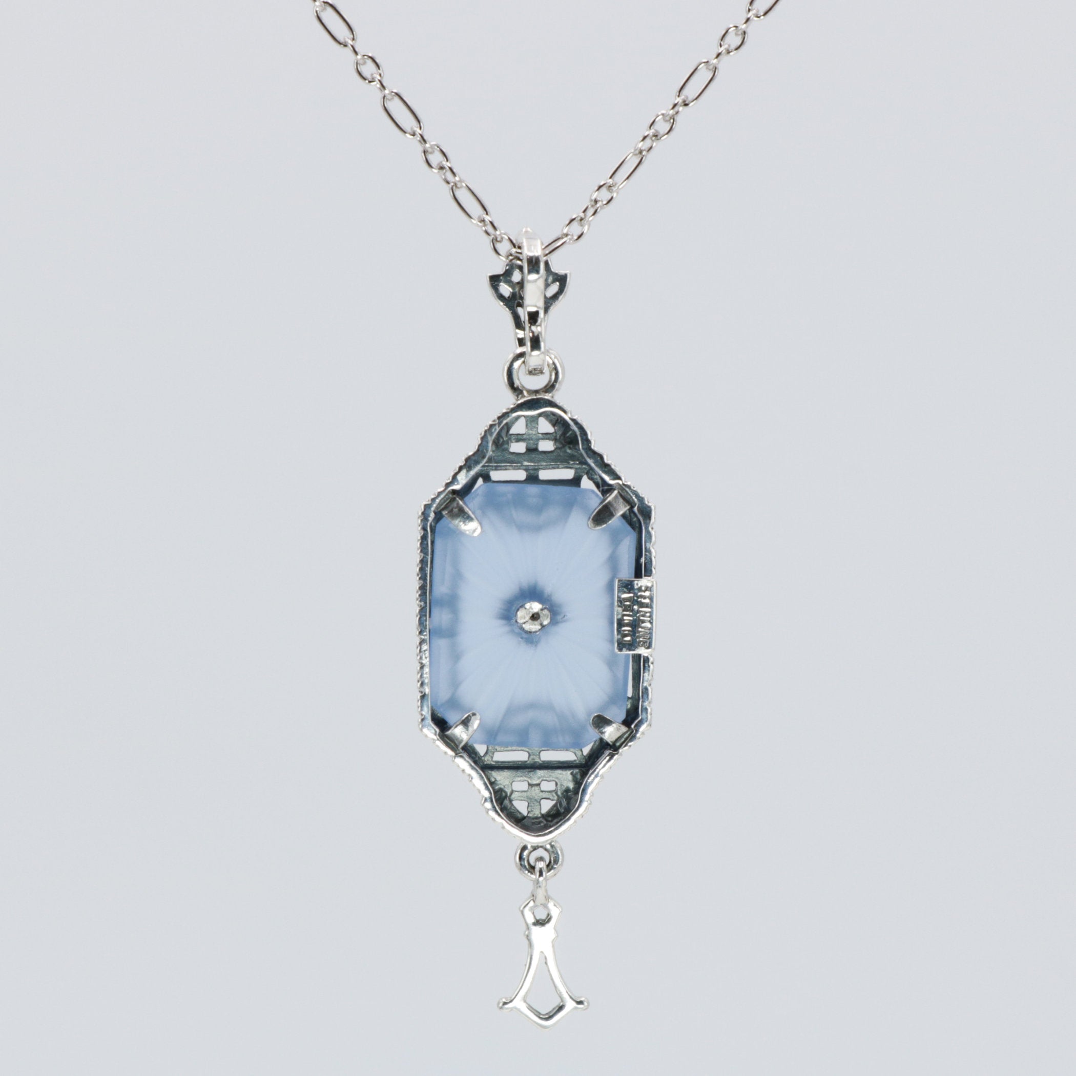 Back view of Art Deco Style Blue Sunray Crystal Dangle Filigree Pendant Diamond Accent Sterling Silver showing 925 sterling s