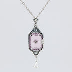 Back view of Art Deco Style Pink Sunray Crystal Dangle Filigree Pendant Diamond Accent Sterling Silver showing 925 sterling s