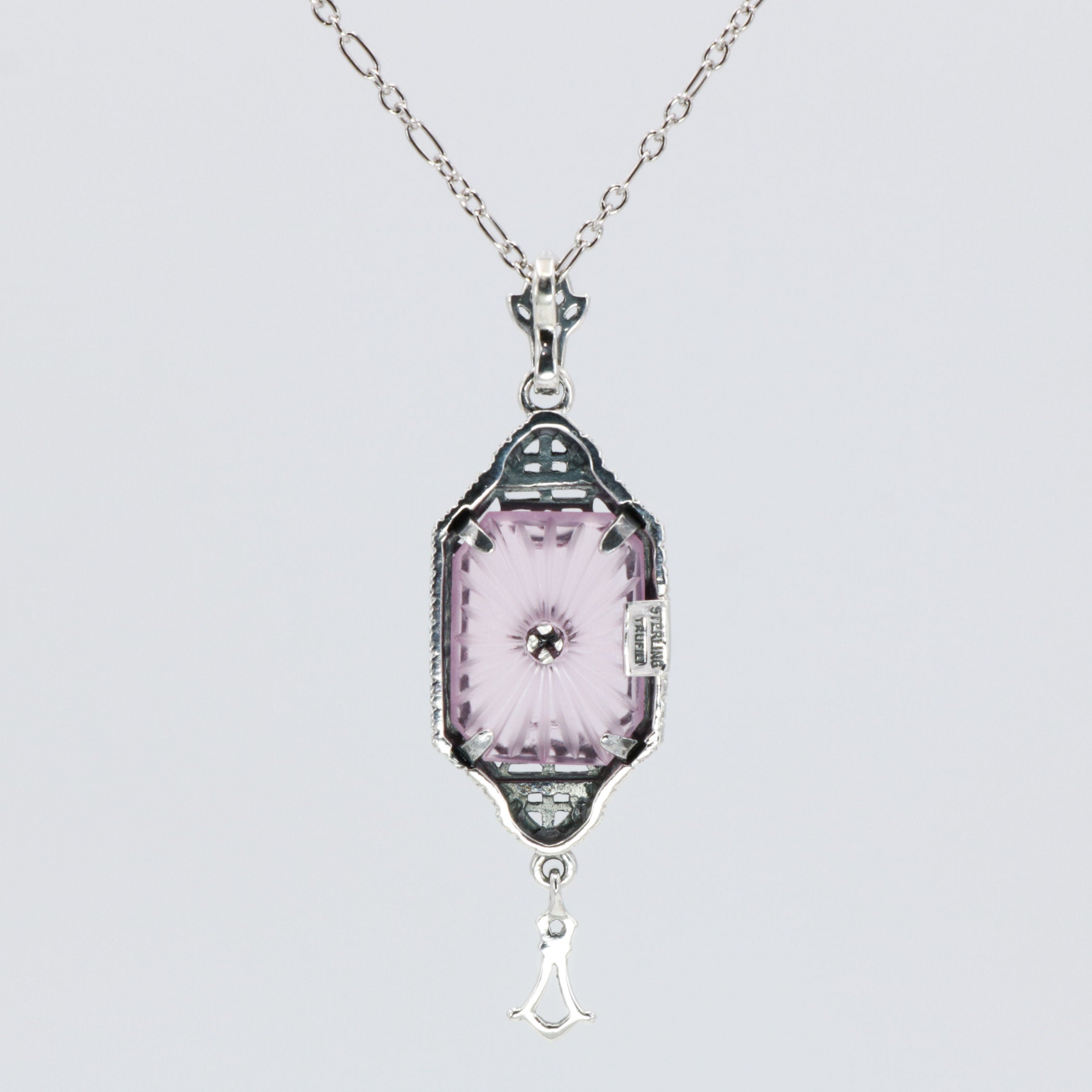 Back view of Art Deco Style Pink Sunray Crystal Dangle Filigree Pendant Diamond Accent Sterling Silver showing 925 sterling s