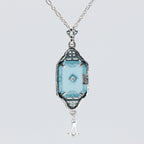 Back view of Art Deco Style Teal Sunray Crystal Dangle Filigree Pendant Diamond Accent Sterling Silver showing 925 sterling s