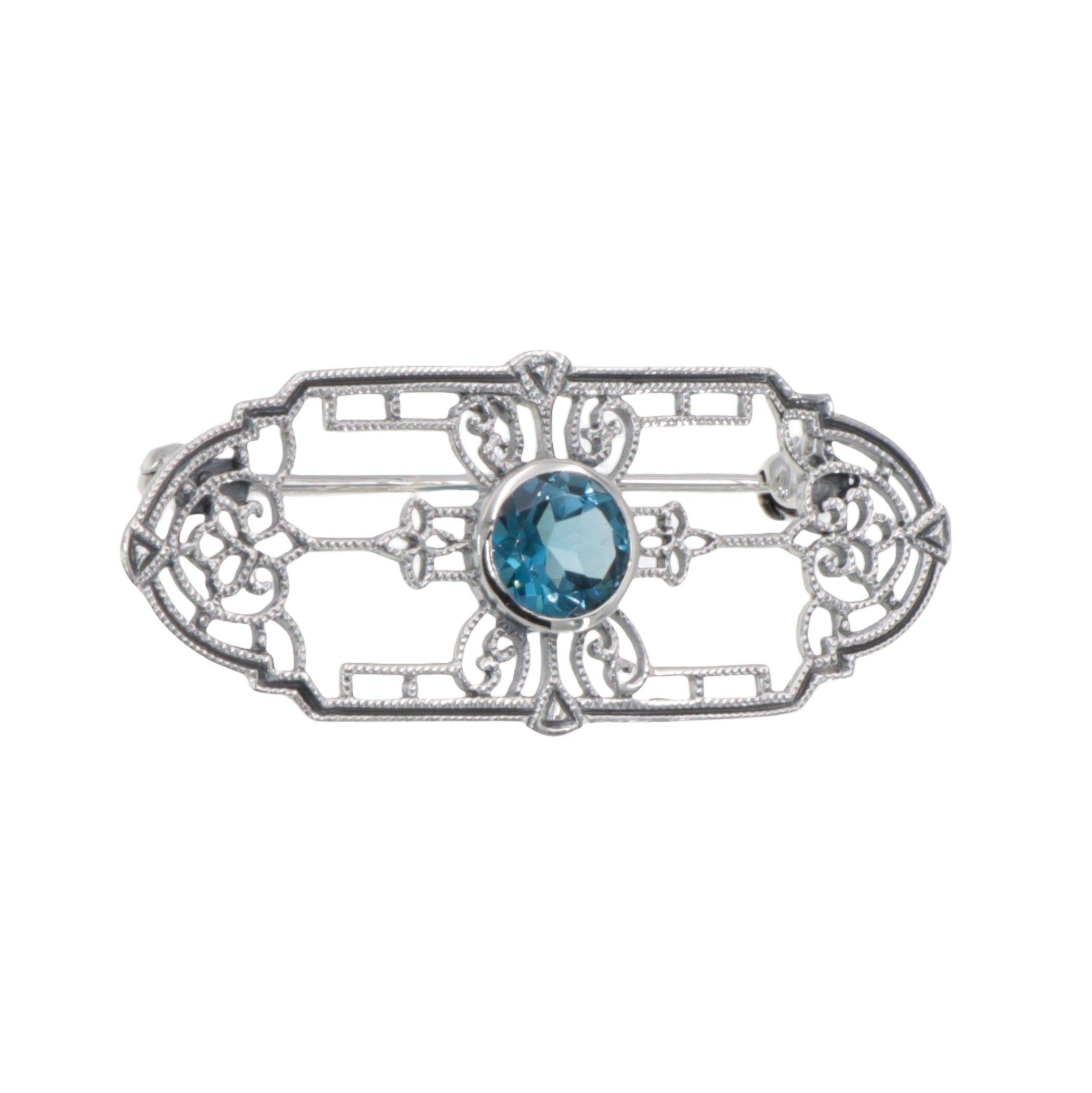 Art Deco style, Blue Topaz, London Blue Topaz, sterling silver brooches / pins, front view