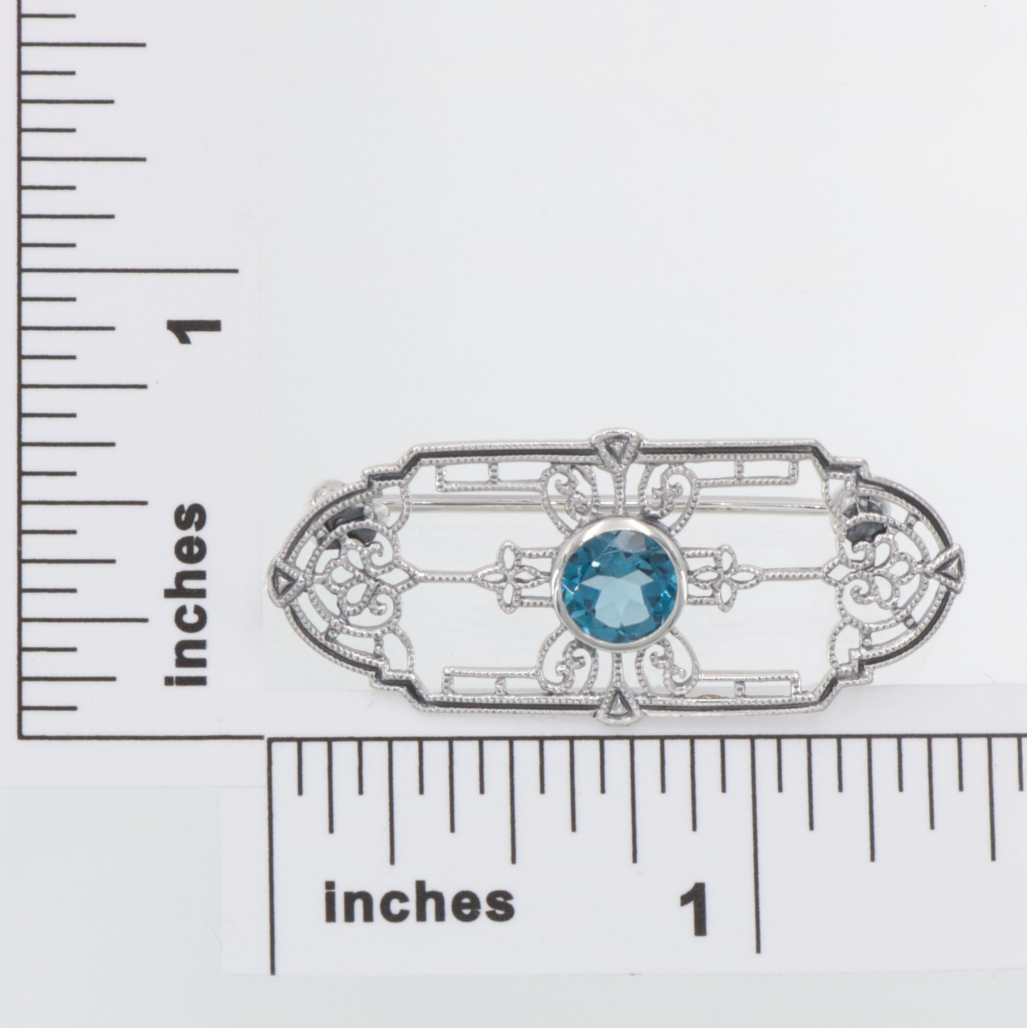 Detail view of Art Deco Style Genuine London Blue Topaz Filigree Pin / Brooch highlighting Blue Topaz, London Blue Topaz