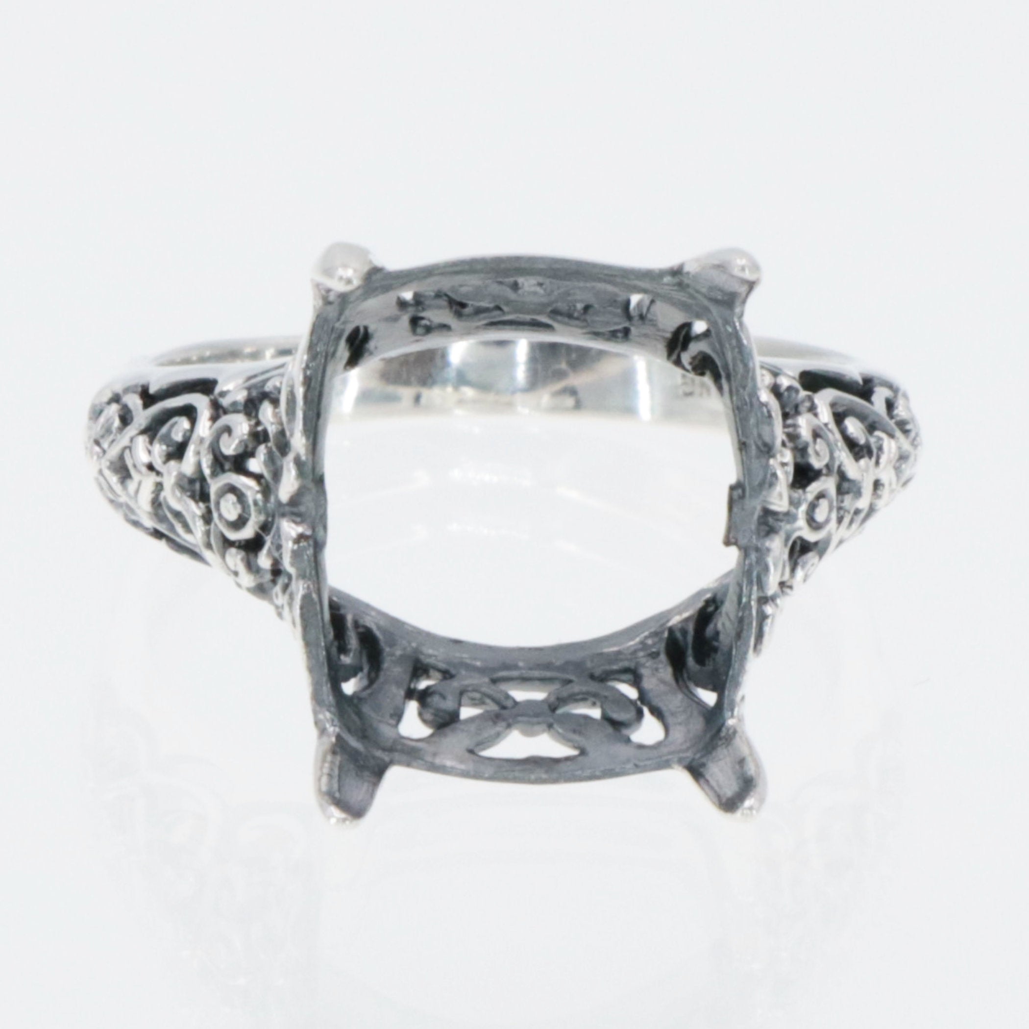 Back view of Art Deco Semi Mount Filigree Ring will hold 12x15mm Barrel Shape Gemstone showing 925 sterling silver hallmark