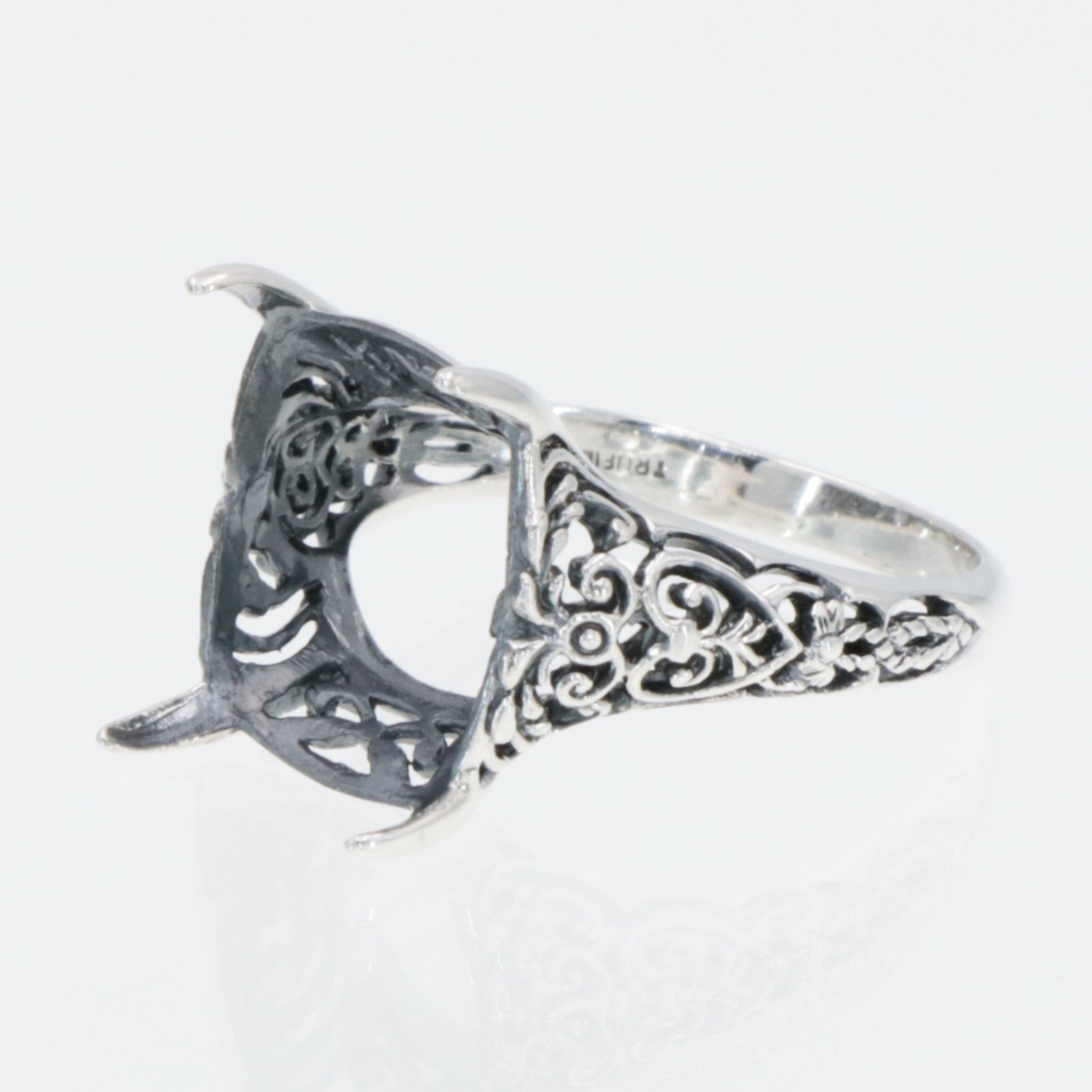 Detail view of Art Deco Semi Mount Filigree Ring will hold 12x15mm Barrel Shape Gemstone highlighting design details