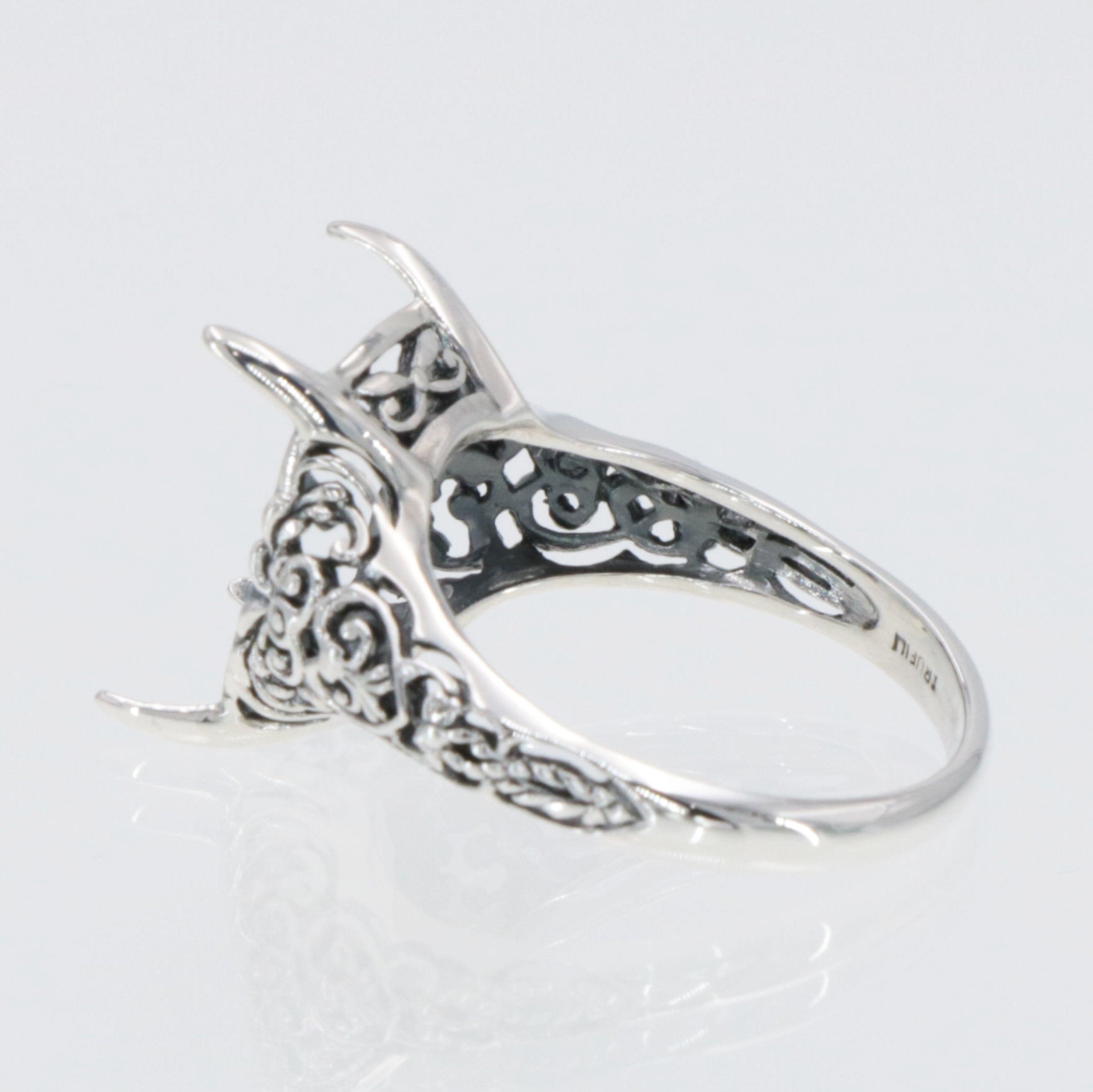 Detail view of Art Deco Semi Mount Filigree Ring will hold 12x15mm Barrel Shape Gemstone highlighting design details