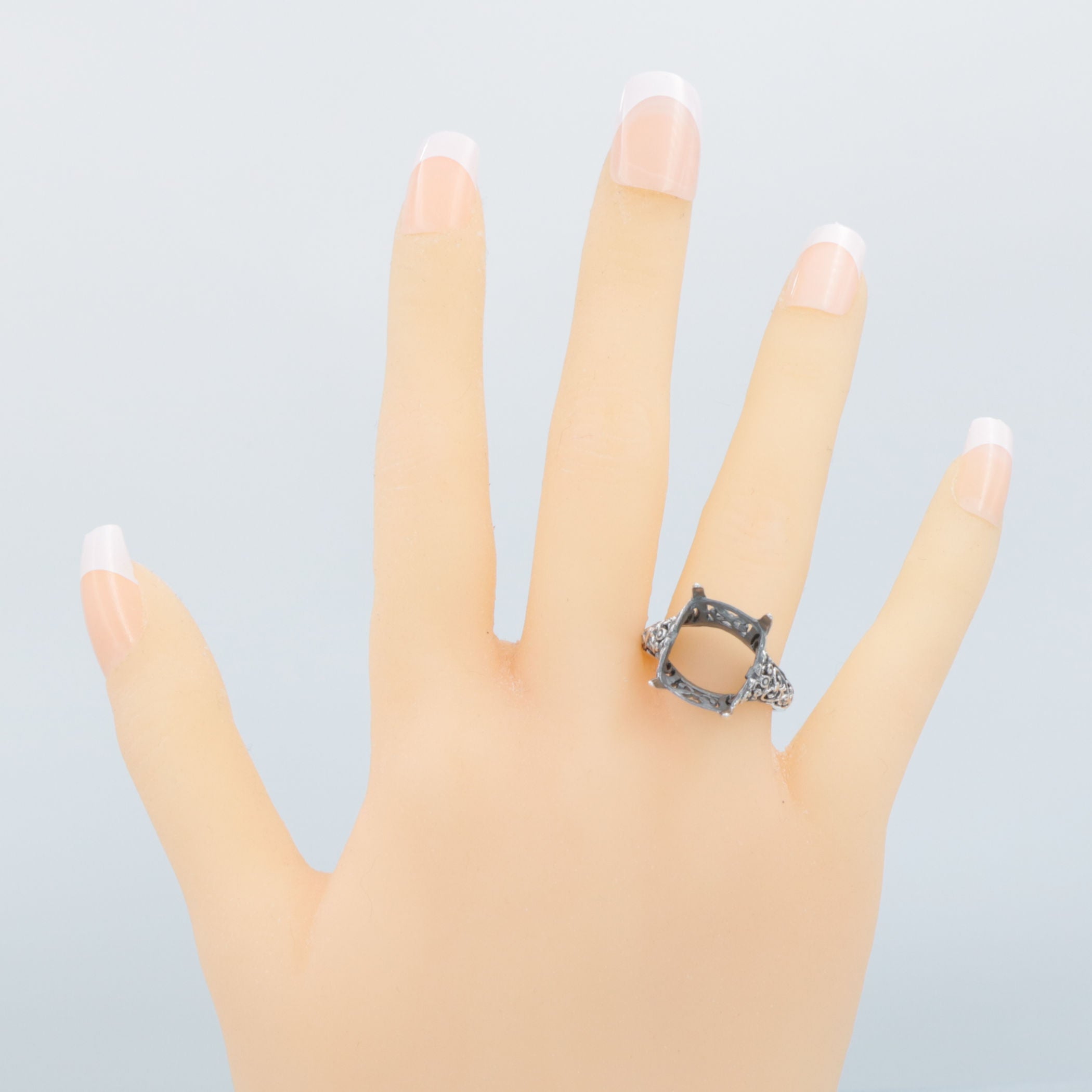 Detail view of Art Deco Semi Mount Filigree Ring will hold 12x15mm Barrel Shape Gemstone highlighting design details