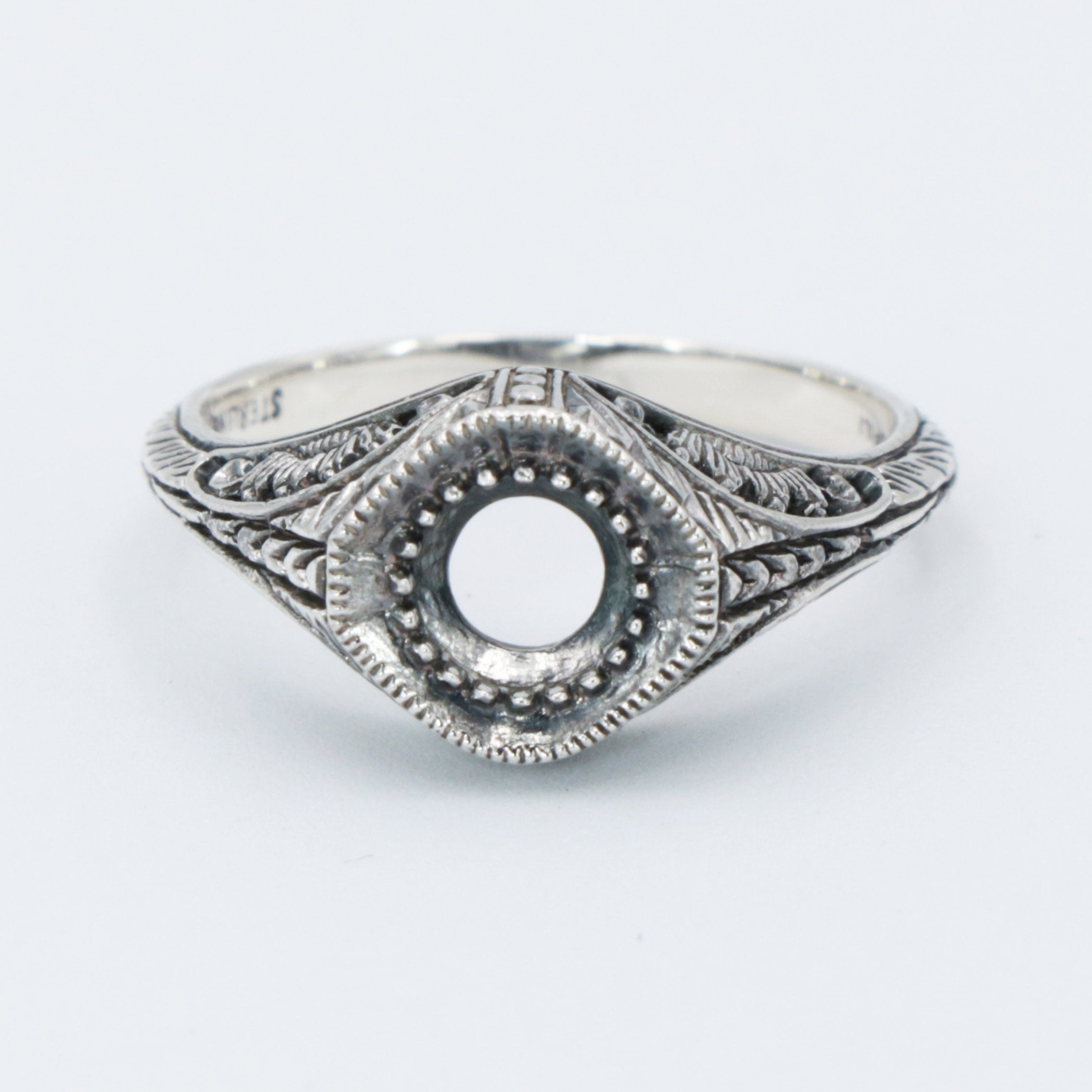 Back view of Semi Mount Art Deco Style Sterling Silver Filigree Ring 5mm Center showing 925 sterling silver hallmark