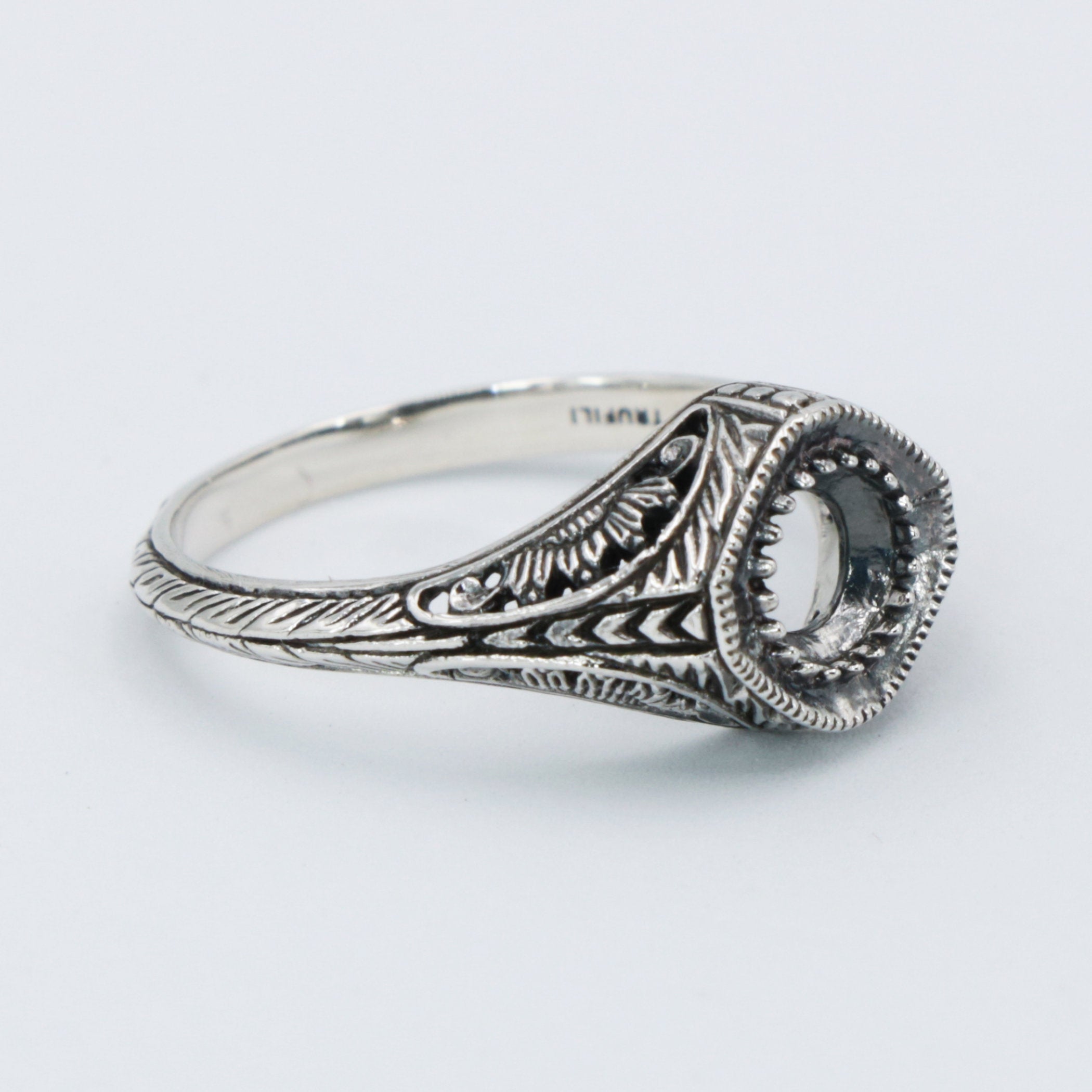 Detail view of Semi Mount Art Deco Style Sterling Silver Filigree Ring 5mm Center highlighting design details
