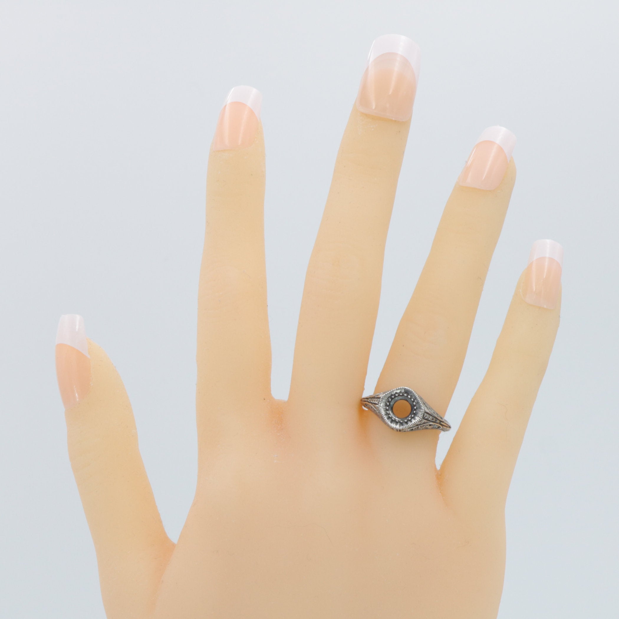Detail view of Semi Mount Art Deco Style Sterling Silver Filigree Ring 5mm Center highlighting design details