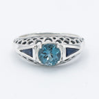 Back view of Art Deco Filigree London Blue Topaz Ring with Natural Sapphire Accents Sterling Silver showing 925 sterling silv
