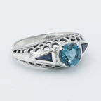 Detail view of Art Deco Filigree London Blue Topaz Ring with Natural Sapphire Accents Sterling Silver highlighting Blue Topaz
