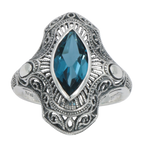Back view of Victorian Style 1.5 Carat London Blue Topaz Filigree Ring showing 925 sterling silver hallmark