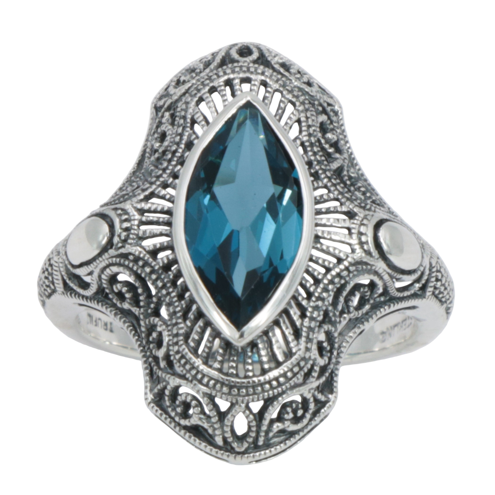 Back view of Victorian Style 1.5 Carat London Blue Topaz Filigree Ring showing 925 sterling silver hallmark