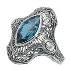 Detail view of Victorian Style 1.5 Carat London Blue Topaz Filigree Ring highlighting Blue Topaz, London Blue Topaz