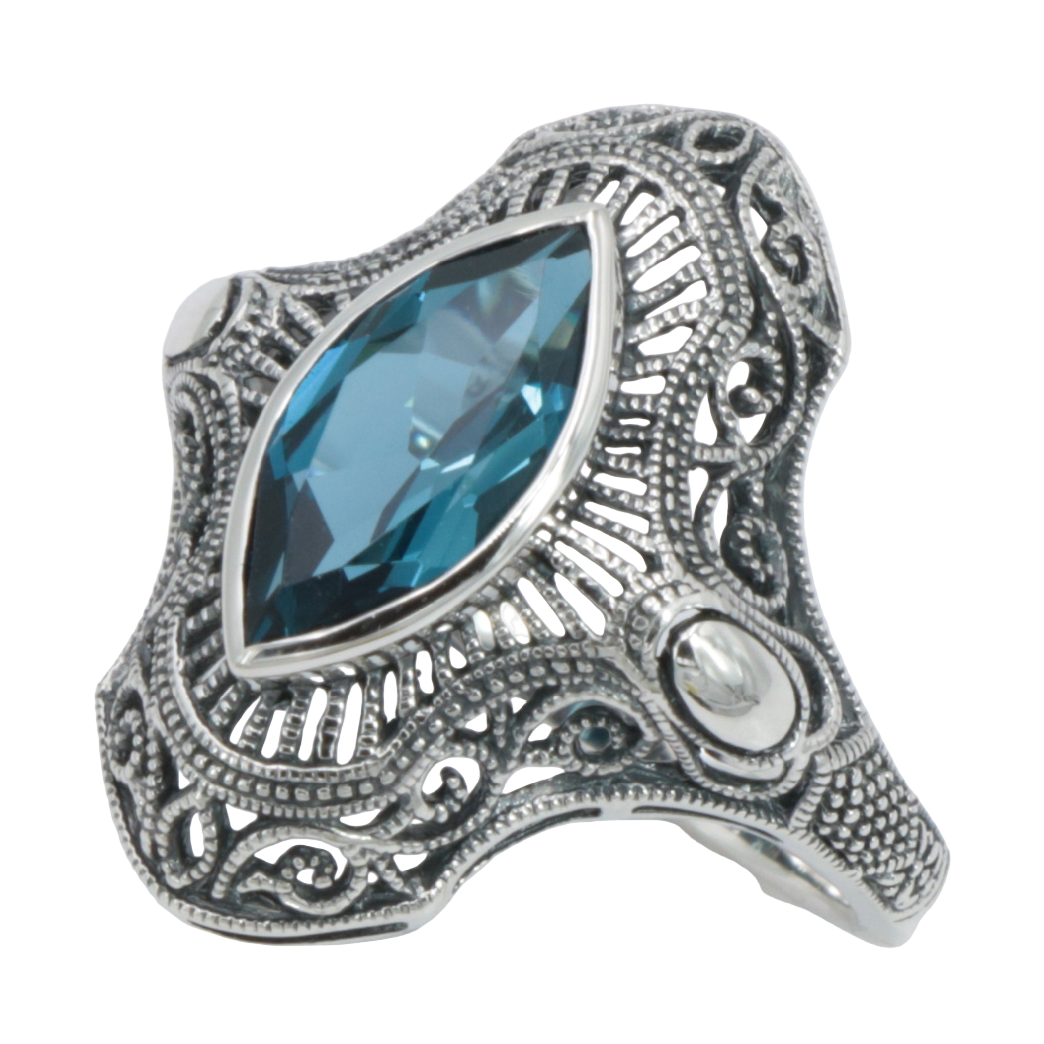 Detail view of Victorian Style 1.5 Carat London Blue Topaz Filigree Ring highlighting Blue Topaz, London Blue Topaz