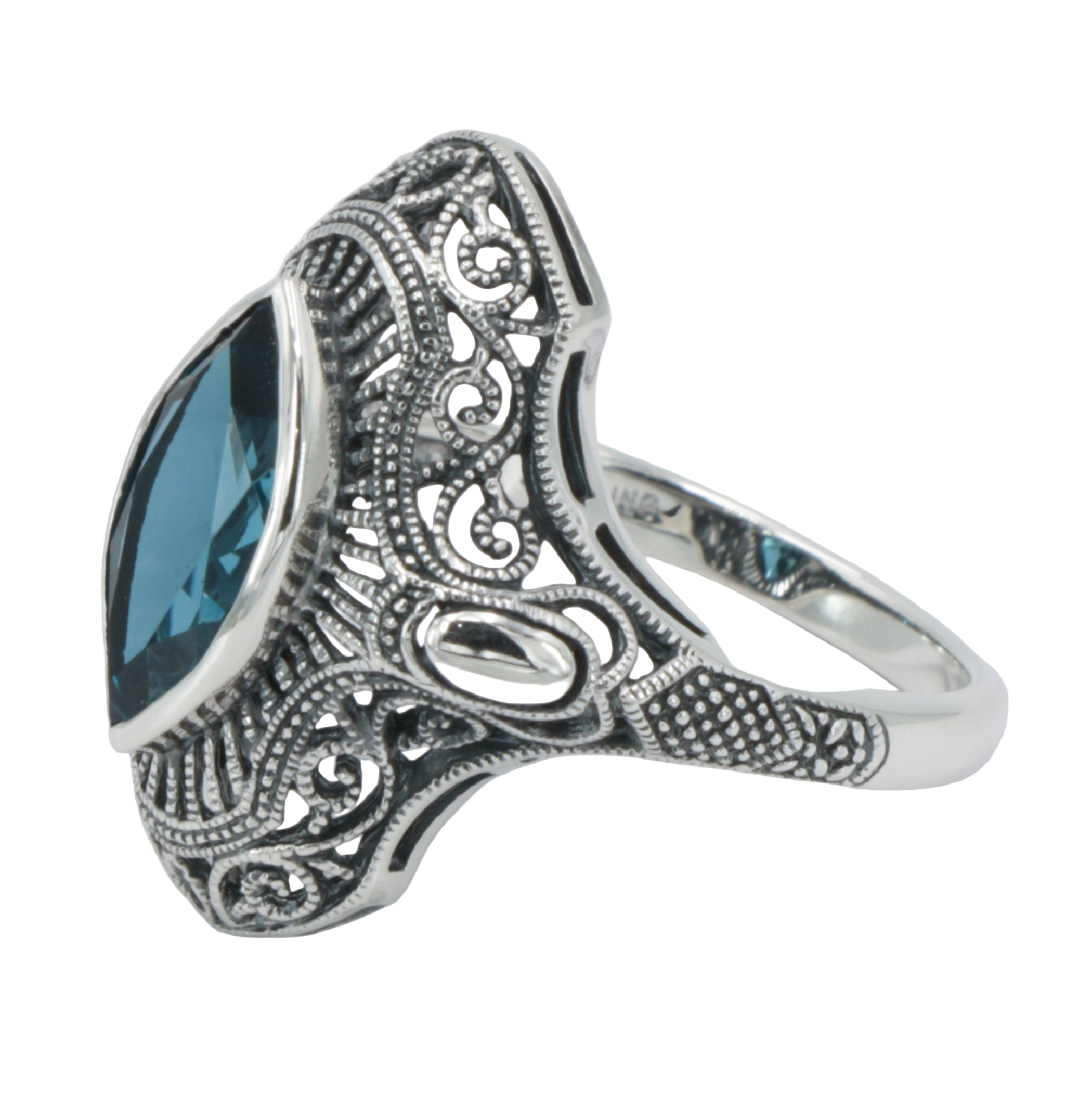 Detail view of Victorian Style 1.5 Carat London Blue Topaz Filigree Ring highlighting Blue Topaz, London Blue Topaz