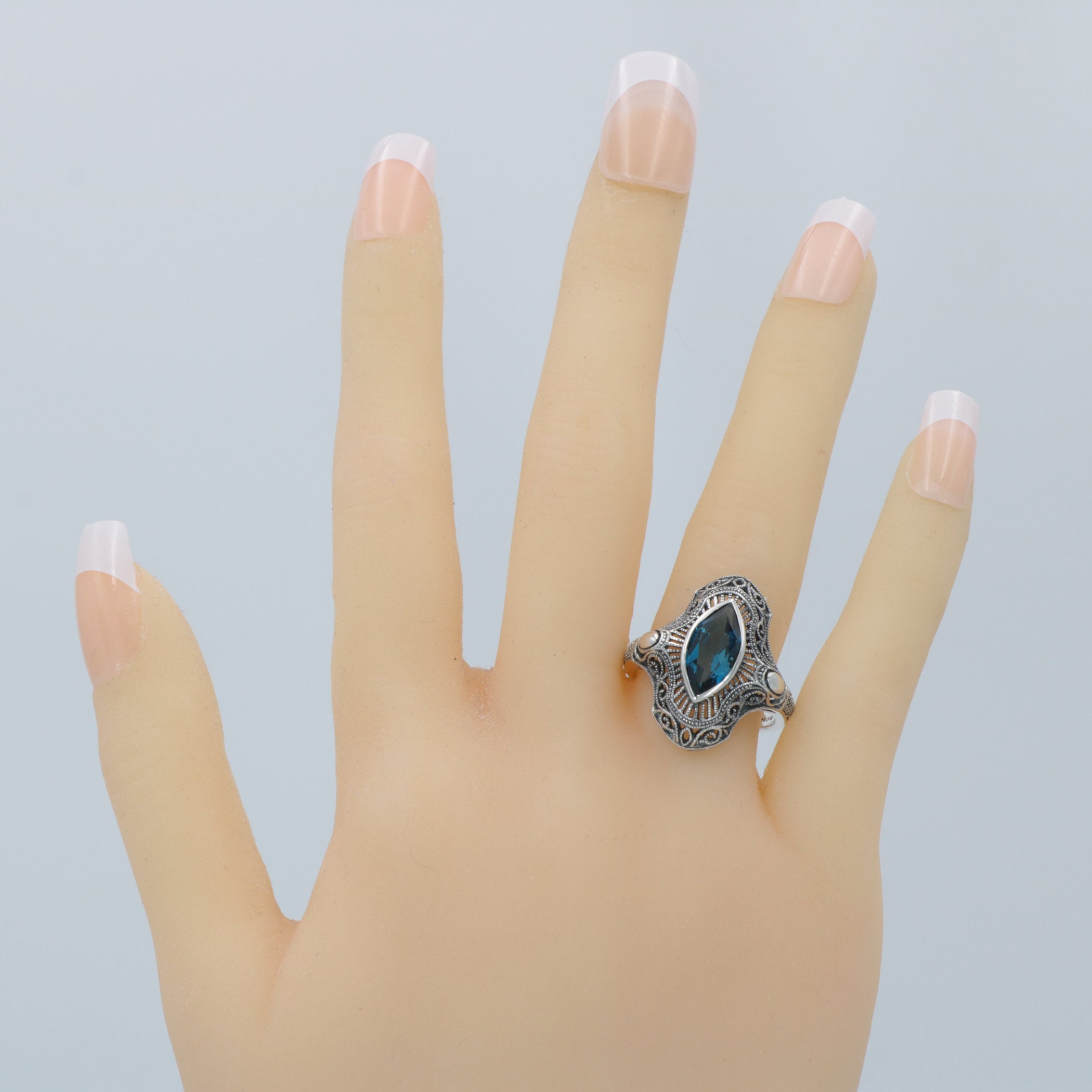 Detail view of Victorian Style 1.5 Carat London Blue Topaz Filigree Ring highlighting Blue Topaz, London Blue Topaz