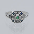Back view of Emerald and Sapphire Filigree Ring - Deco Style showing 925 sterling silver hallmark