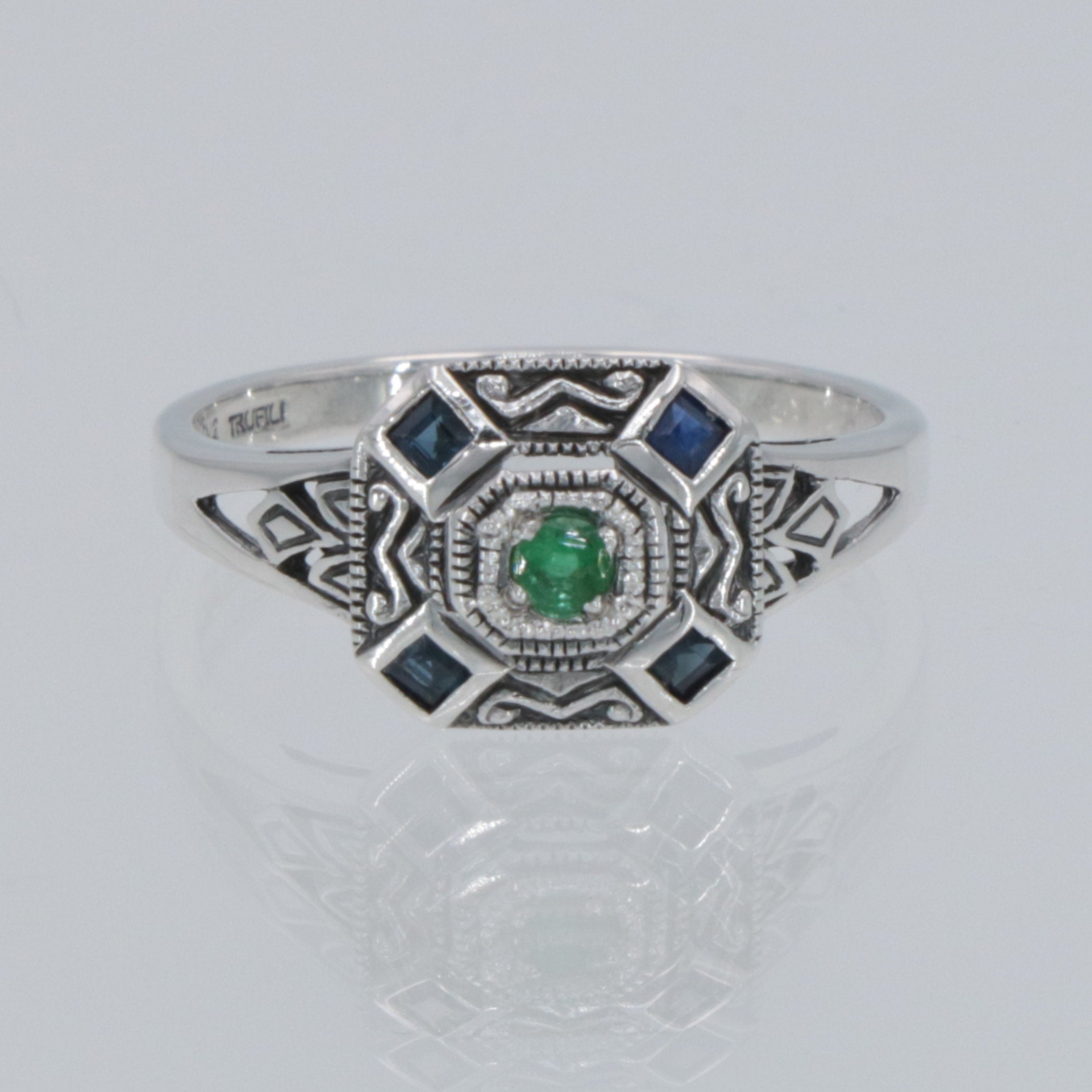 Back view of Emerald and Sapphire Filigree Ring - Deco Style showing 925 sterling silver hallmark