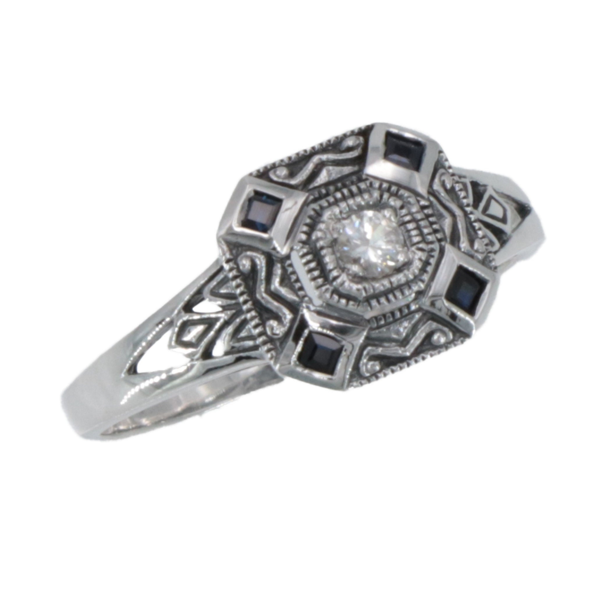 Filigree, Sapphire, sterling silver rings, front view