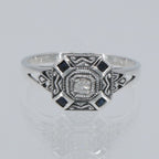Back view of White and Blue Sapphire Filigree Ring - Deco Style showing 925 sterling silver hallmark