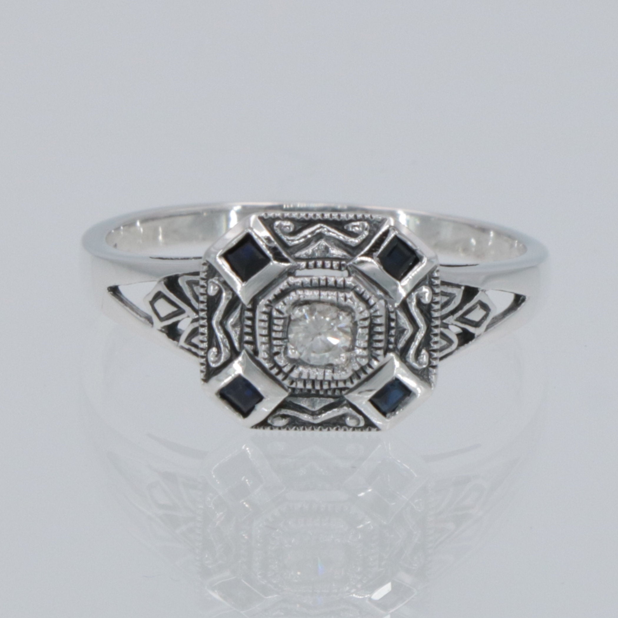 Back view of White and Blue Sapphire Filigree Ring - Deco Style showing 925 sterling silver hallmark