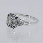 Detail view of White and Blue Sapphire Filigree Ring - Deco Style highlighting Sapphire