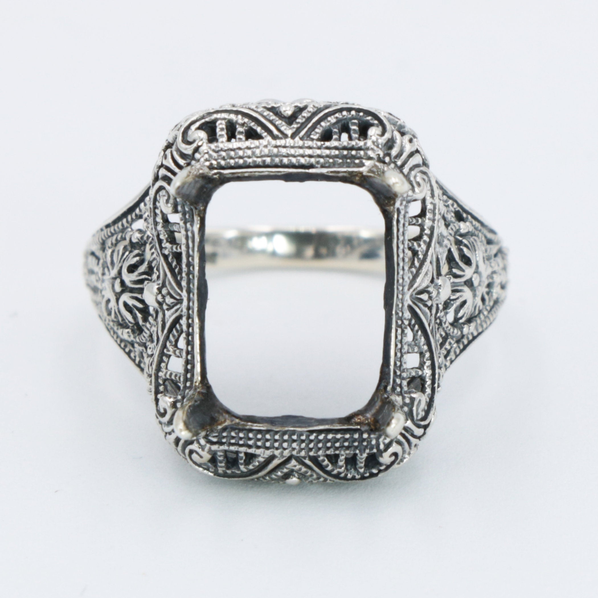 Back view of Art Deco Semi Mount Filigree Ring will hold 10 x 12mm Octagon Shaped Gemstone showing 925 sterling silver hallma