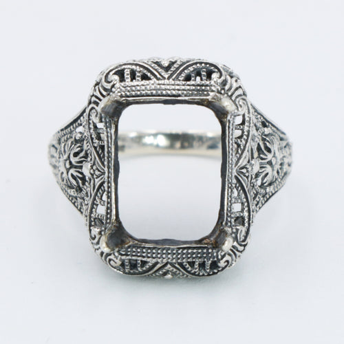 Back view of Art Deco Semi Mount Filigree Ring will hold 10 x 12mm Octagon Shaped Gemstone showing 925 sterling silver hallma
