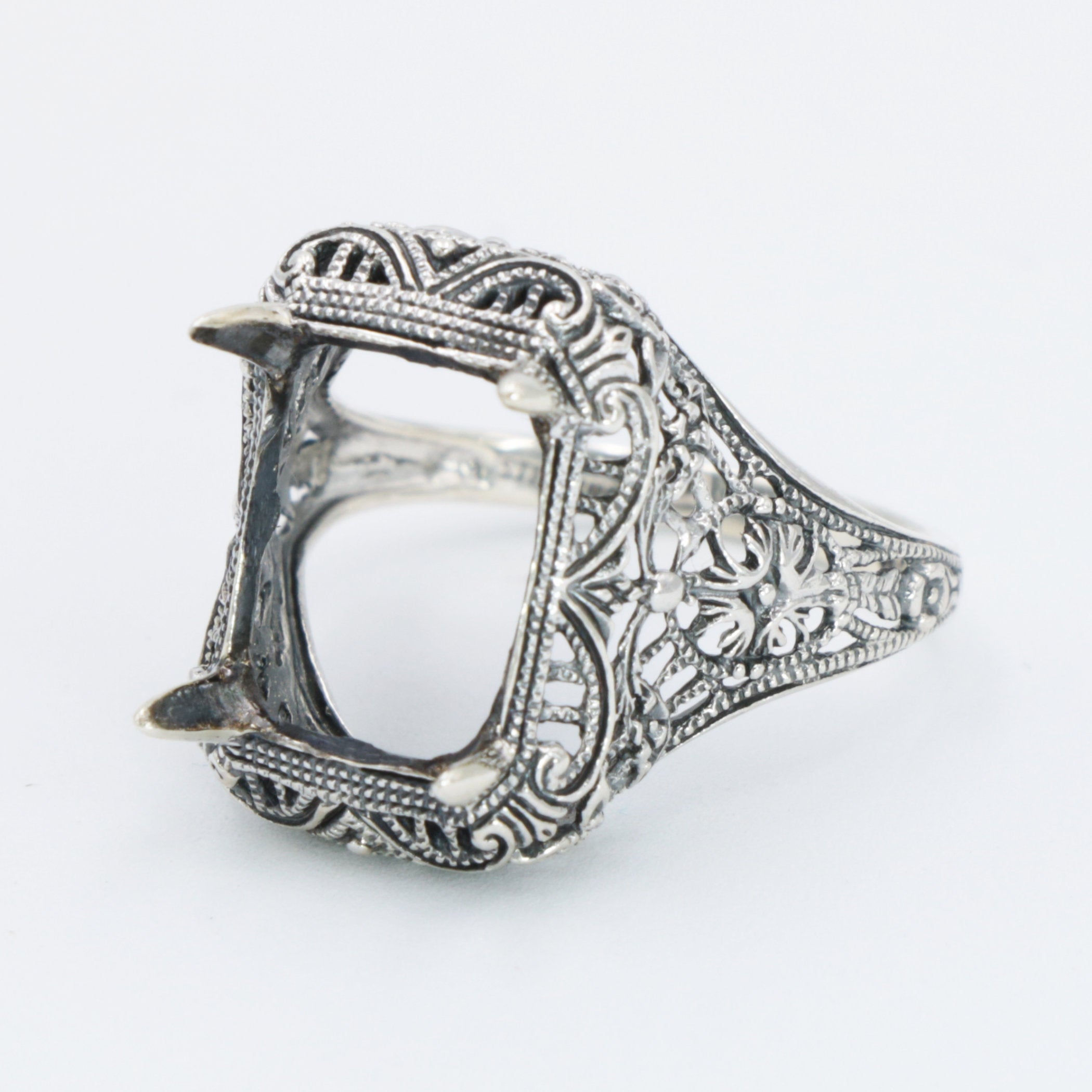 Detail view of Art Deco Semi Mount Filigree Ring will hold 10 x 12mm Octagon Shaped Gemstone highlighting design details