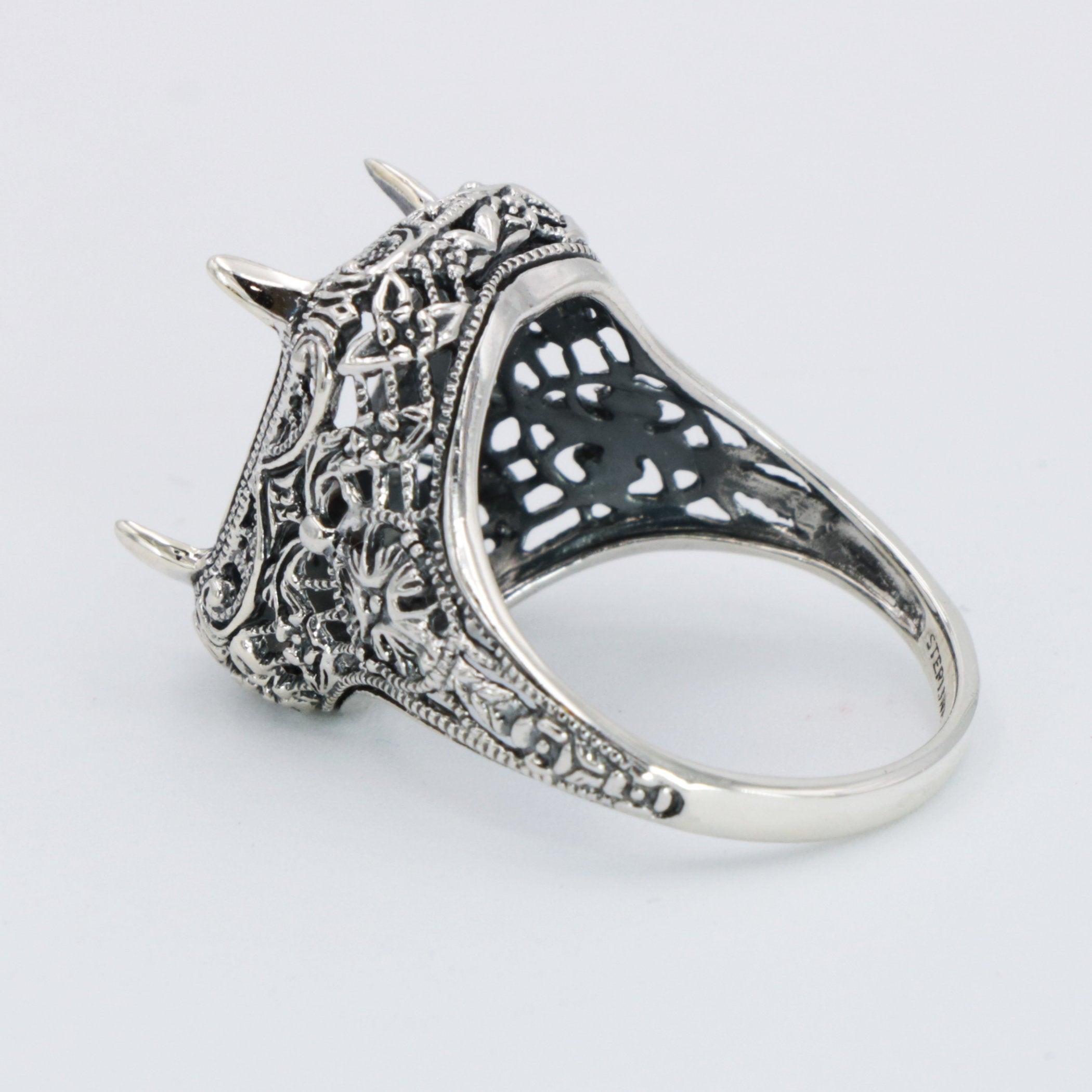 Detail view of Art Deco Semi Mount Filigree Ring will hold 10 x 12mm Octagon Shaped Gemstone highlighting design details